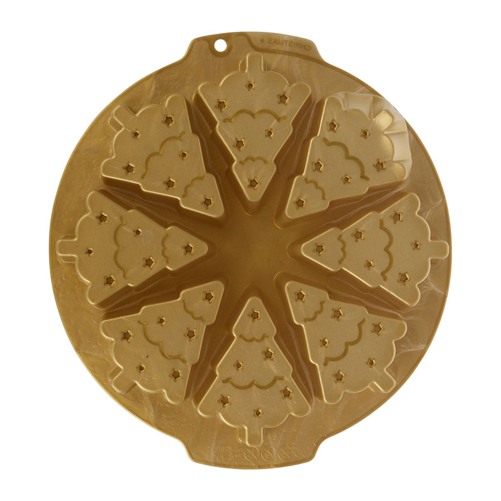 Image de Moule à gâteau en Silicone doré - Gamme NATURE DOREE - Ø 27 cm H 4 cm - Avec 8 sapins de Noël