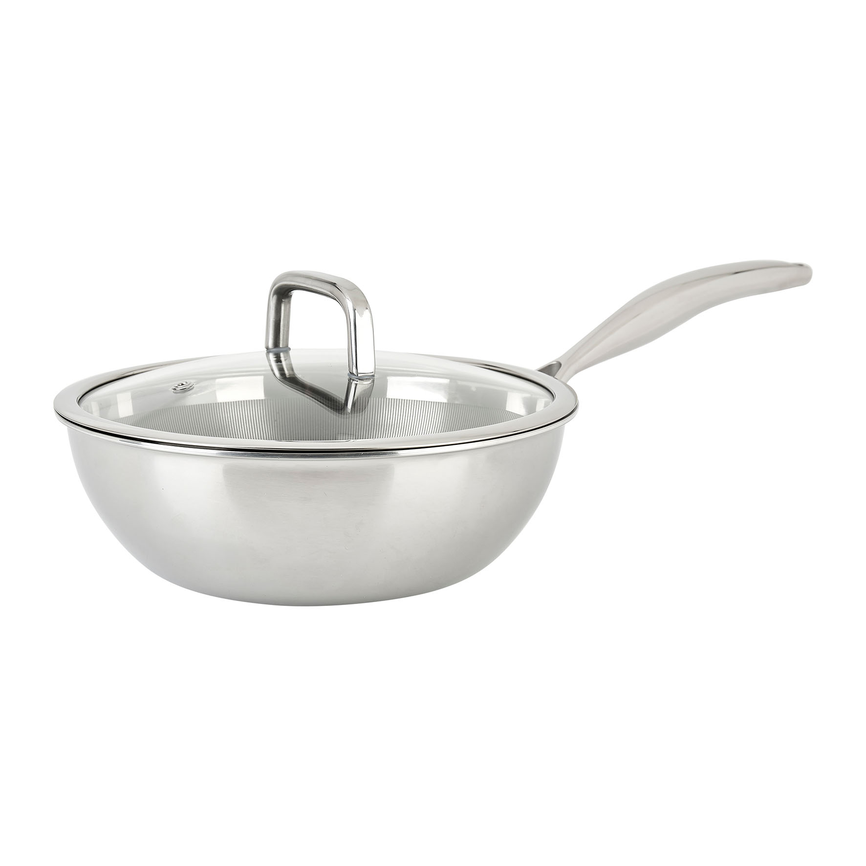 Image de Wok en Acier Inoxydable Triply Ø 24 H 8,5 cm - Revêtement Nid d'Abeille Anti-Adhésif et Anti-rayures, sans PFOA - Couvercle Verre - Tous Feux dont Induction