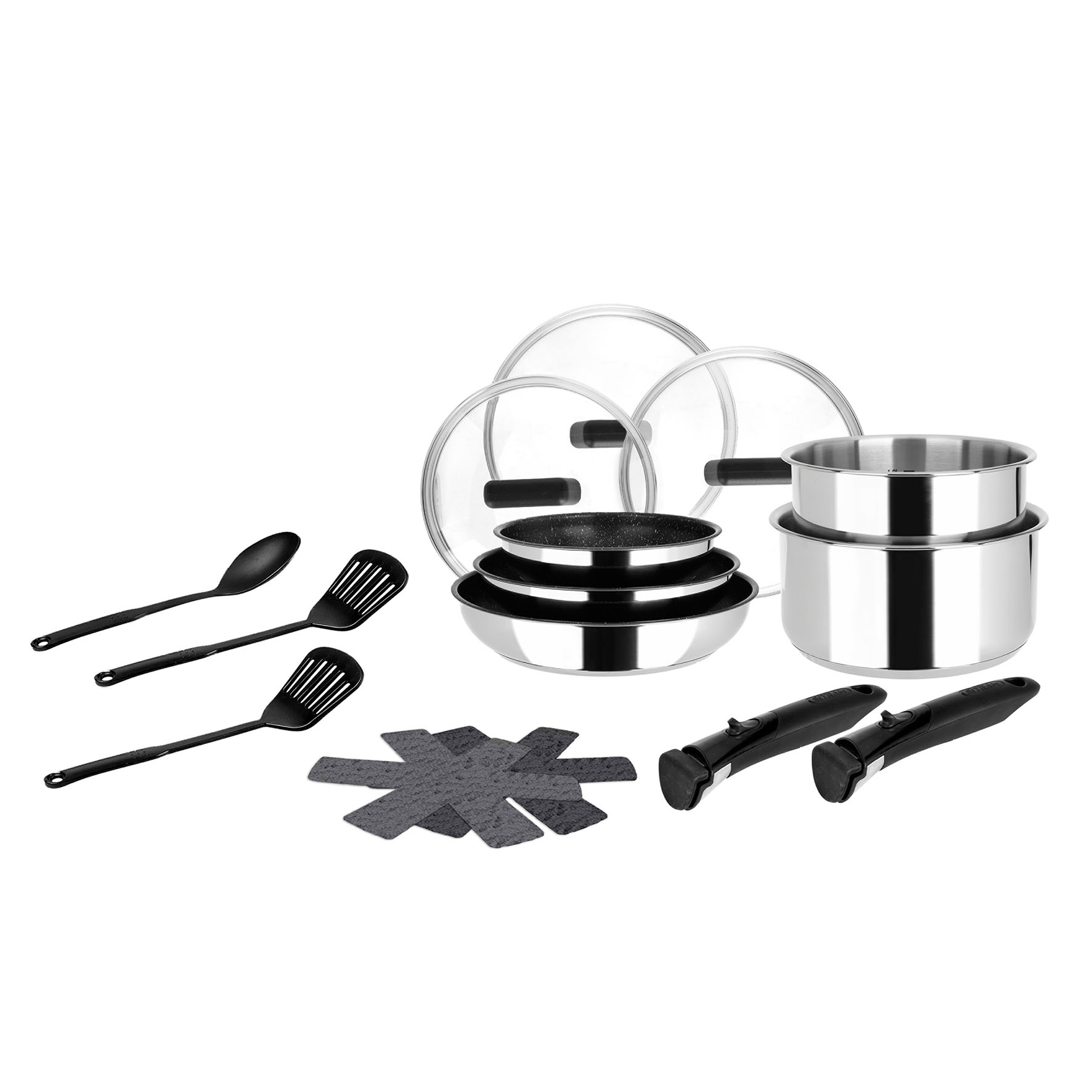 Image de Batterie Cuisine Inox 15 Pcs : 2 manches amovible, 3 Poêles Ø20,24,28cm, 2 Casseroles Ø16,18cm 3 Couvercles Verre Ø16,20,24cm, 2 Cuillères, 1 Spatule, 2 feutrines - compatible induction