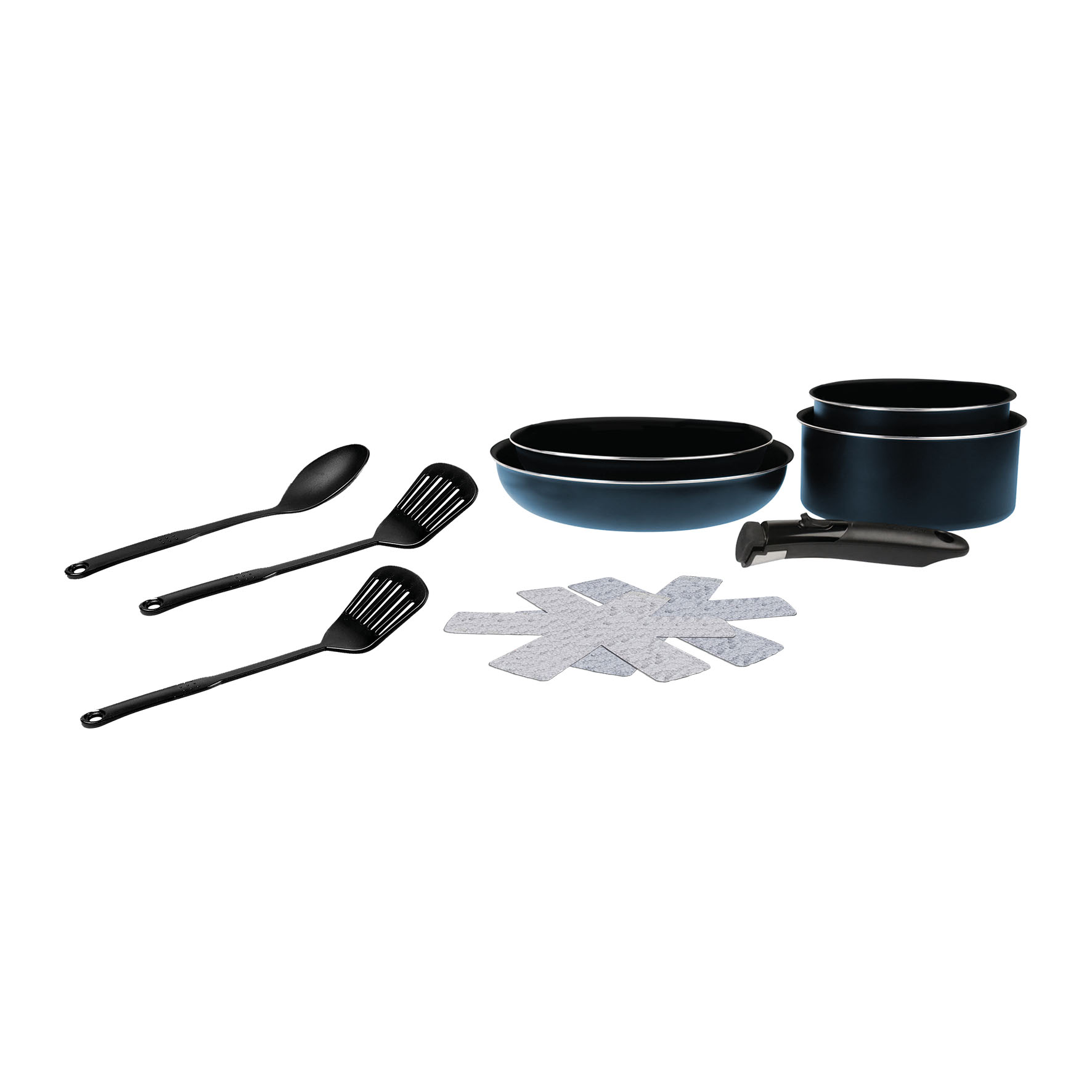 Image de Batterie de cuisine 10 pcs Aluminium bleu métal mat : manche amovible, 2 Poêles Ø24,28cm, 2 Casseroles Ø16,20cm, 2 feutrines Ø 24,28cm, 2 spatules, 1 cuillère - tous feux dont induction