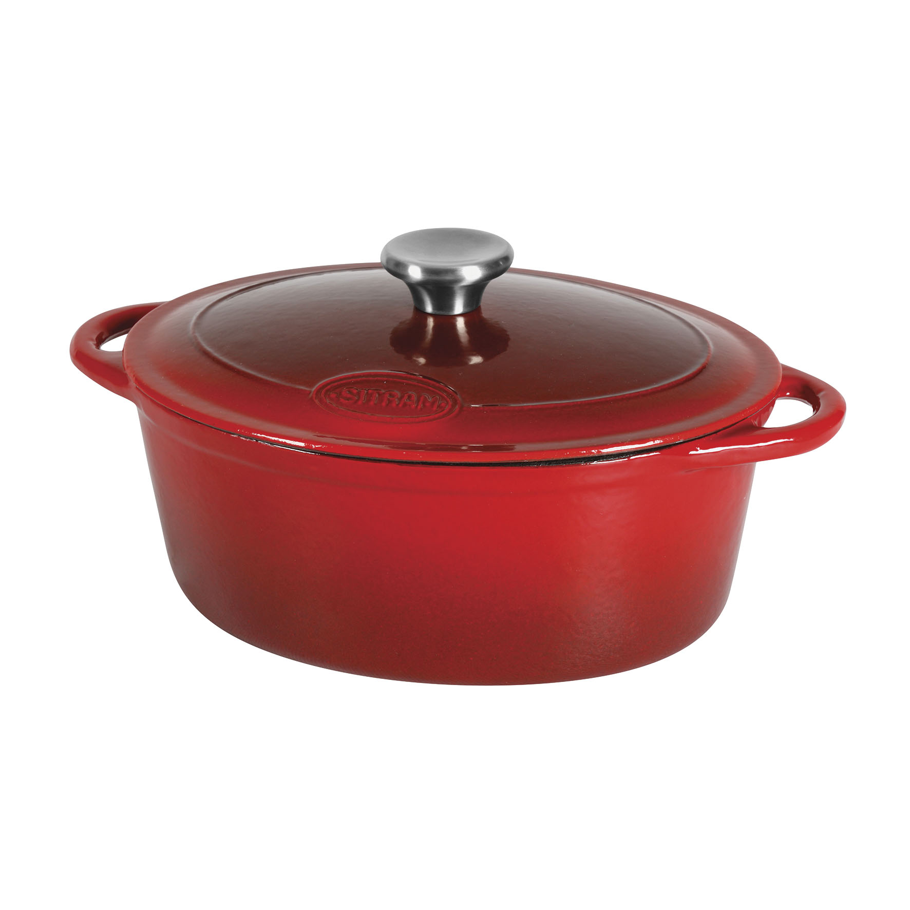 Image de Cocotte ovale en fonte d'acier émaillée Tradifonte 4 Litres / L 27 cm - Extérieur rouge, intérieur blanc - bouchon en inox - toutes sources de chaleur y compris induction et four