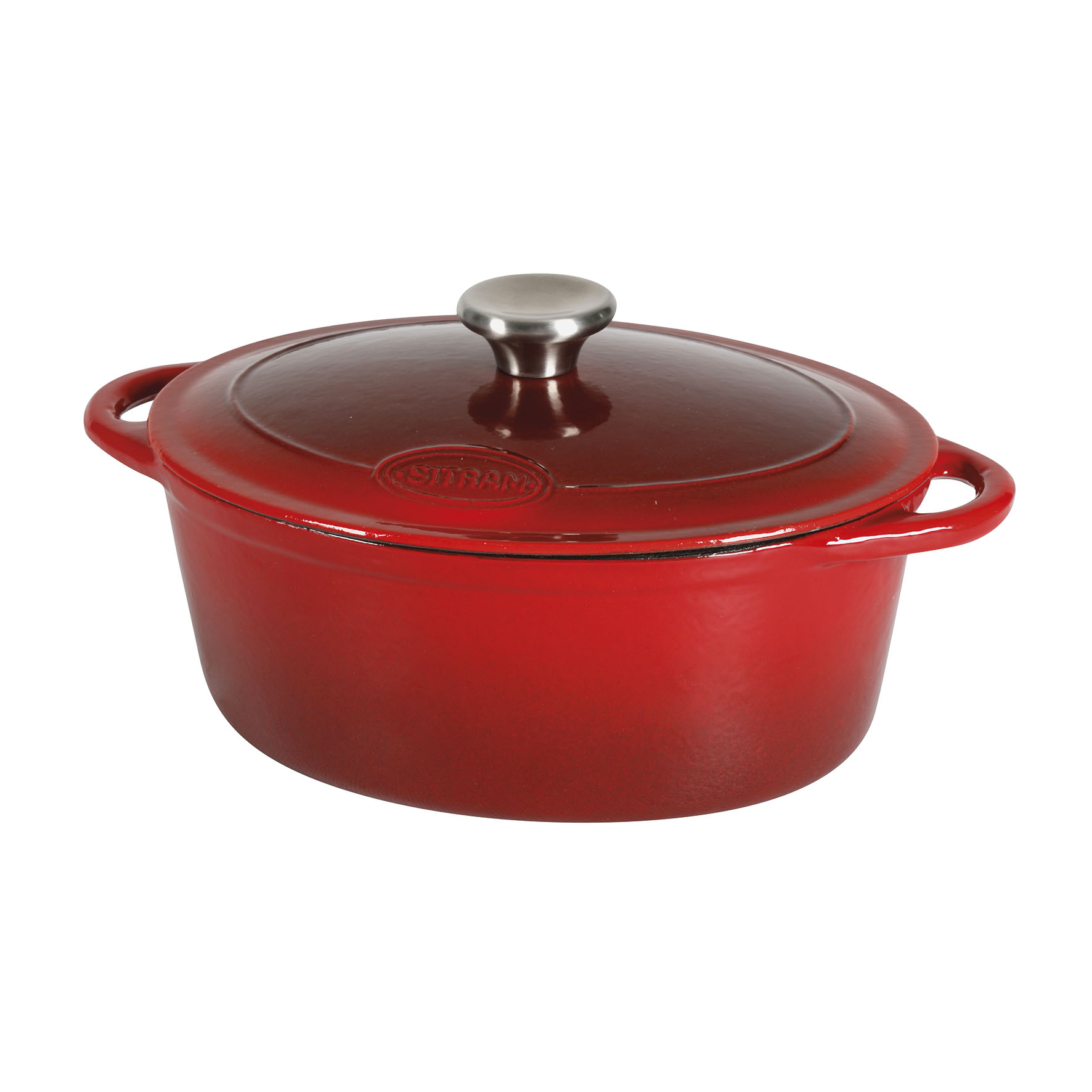 Image de Cocotte Tradifonte ovale en fonte émaillée 6,5 Litres - Extérieur rouge, intérieur noir mat - bouchon en inox - toutes sources de chaleur y compris induction et four