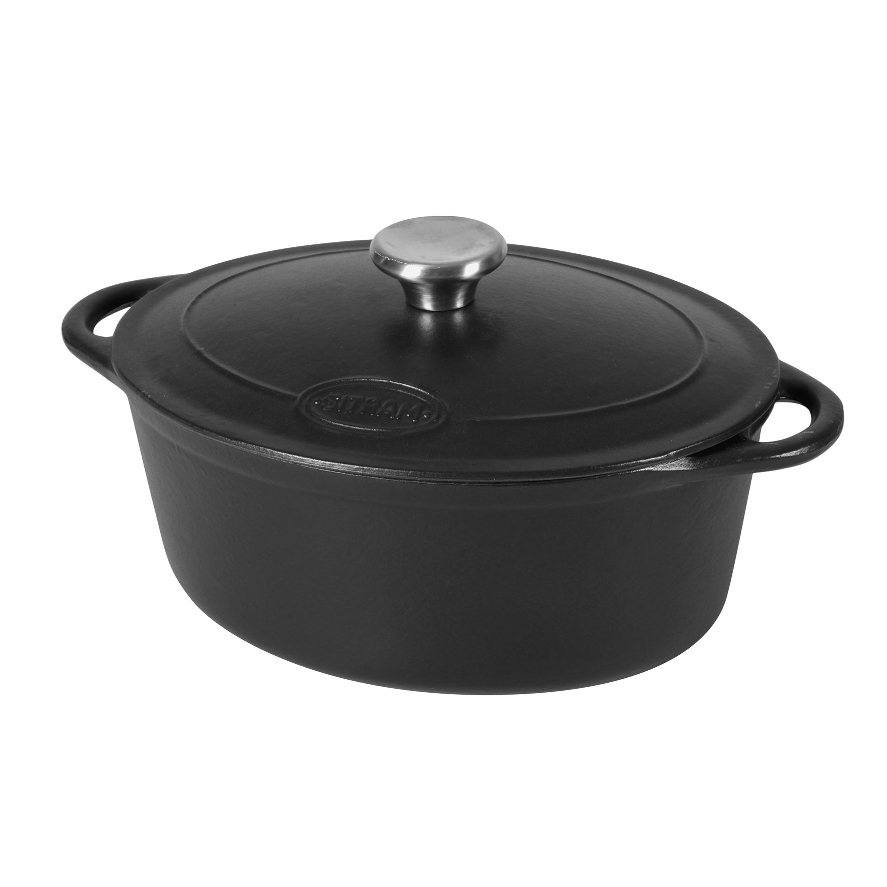 Image de Cocotte Tradifonte ovale en fonte émaillée 6,5 Litres L 33 cm - Extérieur intérieur noir - bouchon en inox - toutes sources de chaleur y compris induction et four