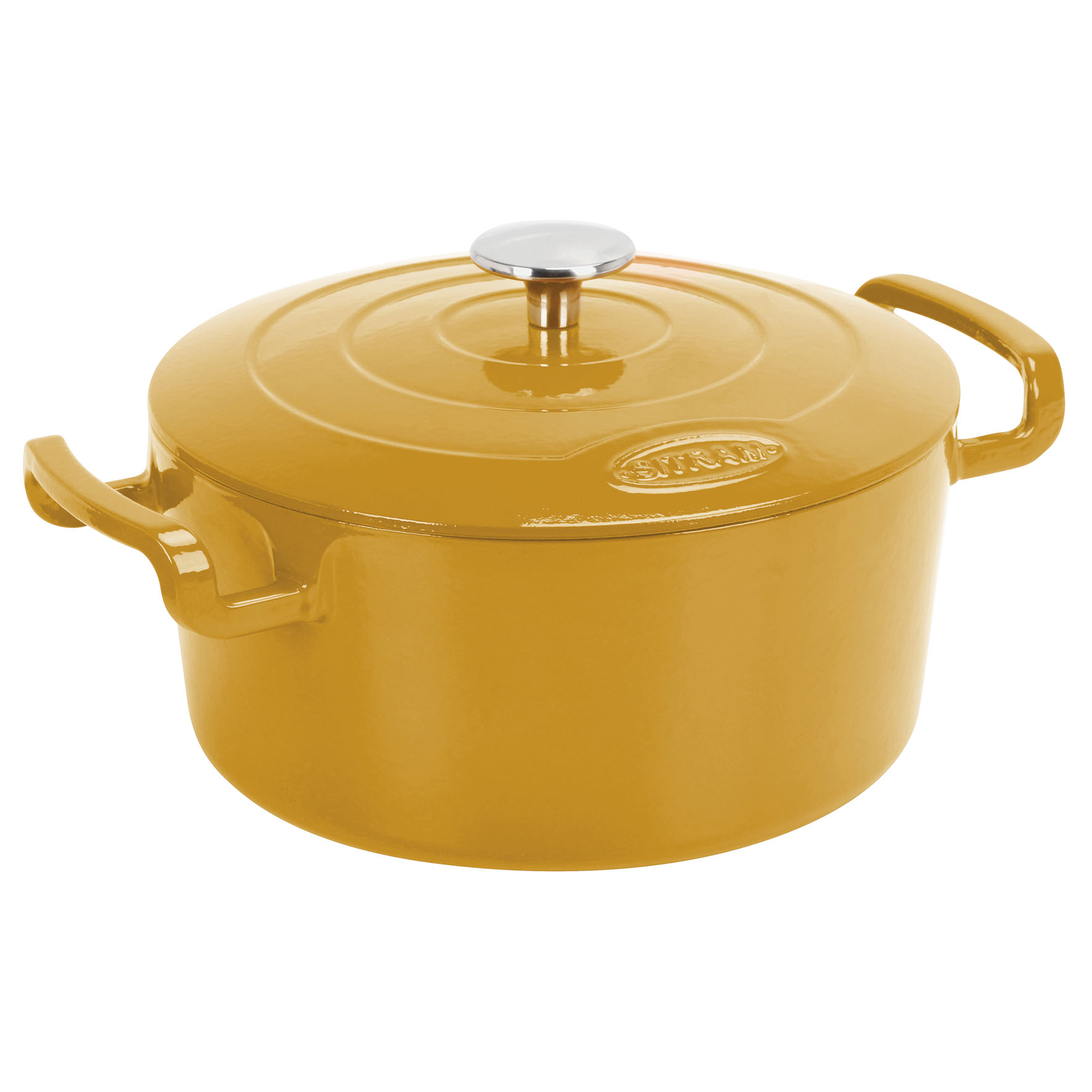 Image de COCOTTE Sitrabella ronde en fonte émaillée 5 litres - Extérieur jaune moutarde et intérieur blanc - toutes sources de chaleur y compris induction et four