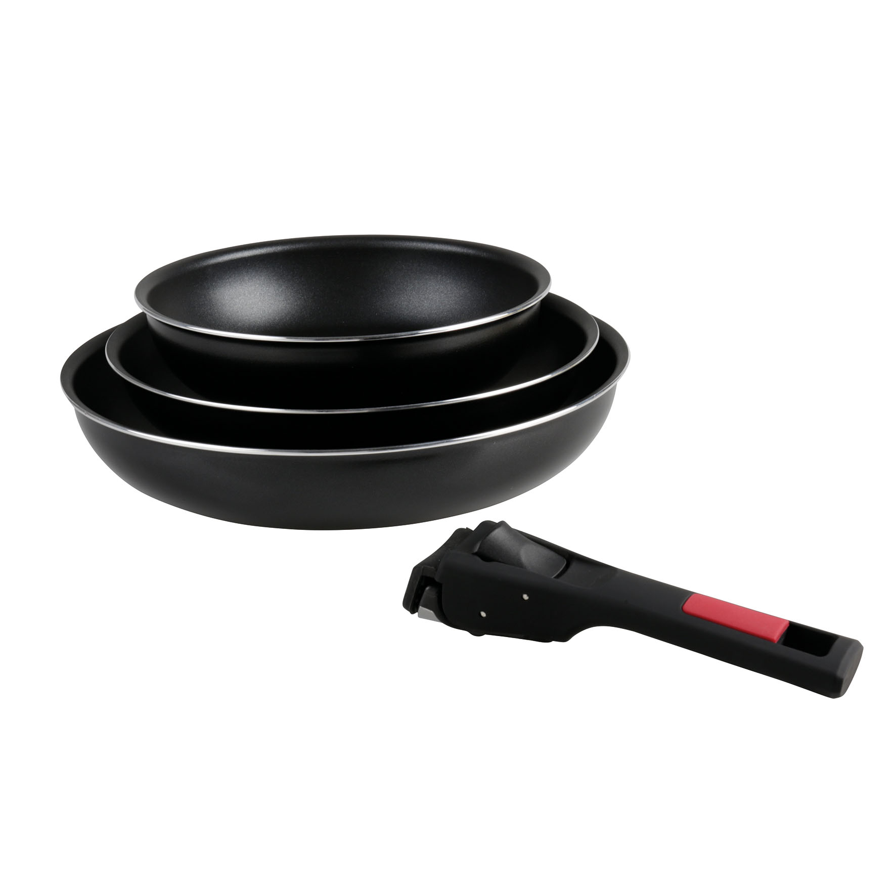 Image de Lot de 3 Poêles Agile Ø 20, 24 et 28 cm en aluminium - Revêtement noir anti-adhérent sans PFOA - manche amovible clipsable - tous feux dont induction