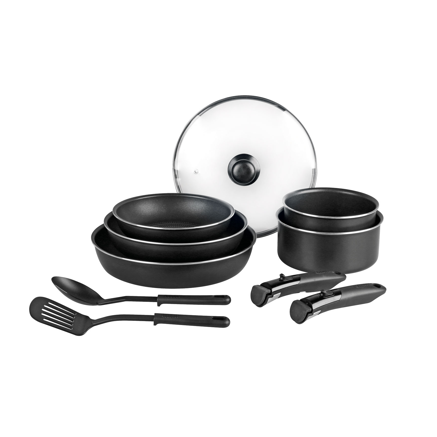 Image de Batterie 10 pièces en aluminium noir : 3 poêles Ø20/24/28cm, 2 casseroles Ø16/20cm, 2 ustensiles nylon, 1 couv. verre Ø24cm, 2 manches amovibles - Tous feux dont induction