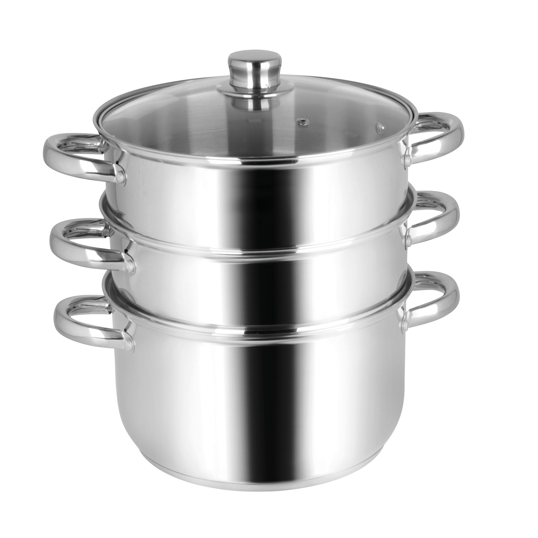 Image de Cuit-Vapeur 3 niveaux en acier inoxydable Diam. 24cm H. 23,5 cm - Avec couvercle vapeur en verre - Epaisseur corps 0.5 mm, Epaisseur fond 2.5 mm - Tous feux dont induction