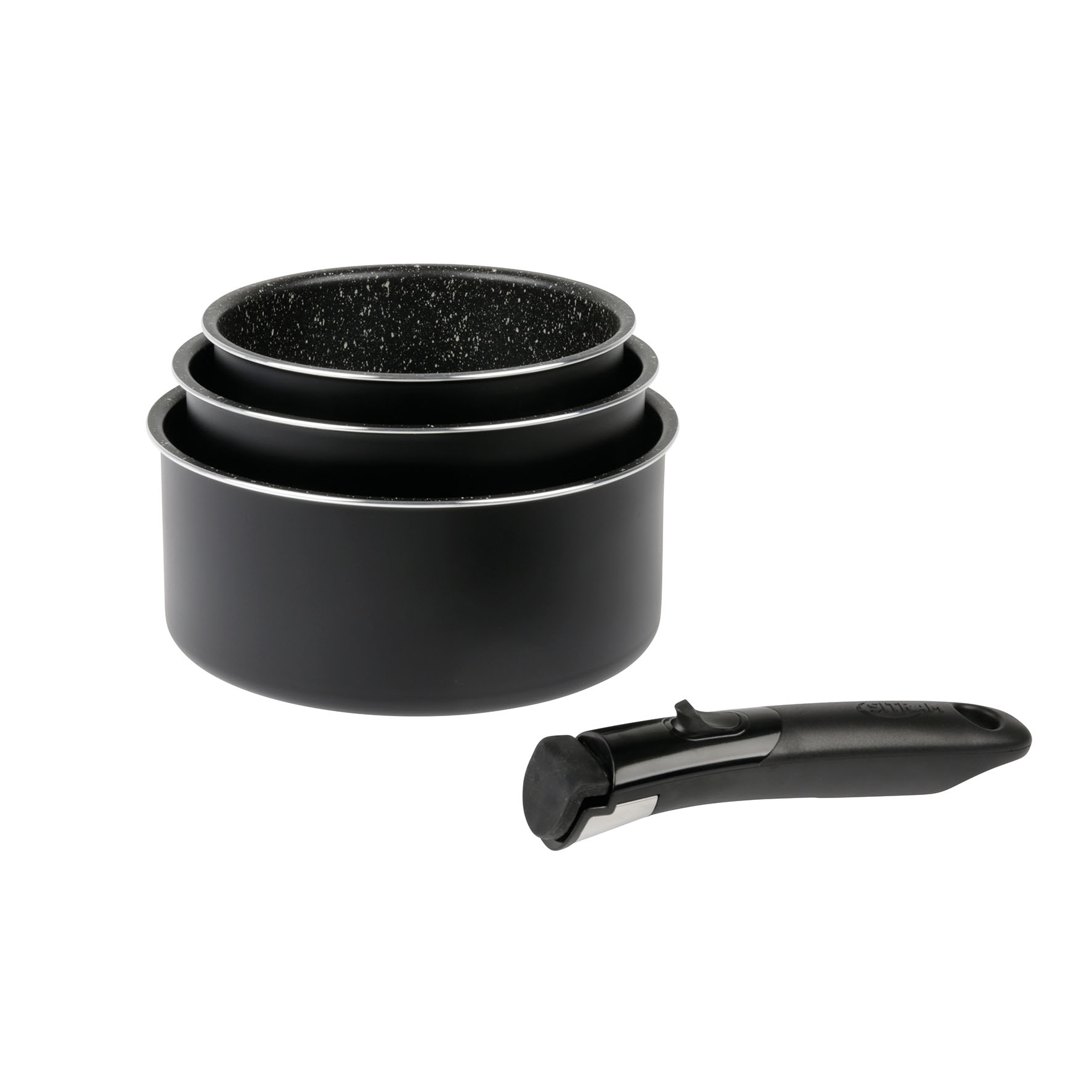 Image de Lot de 3 Casseroles Aluminium pressé Ø 16/18/20 cm - Revêtement intérieur anti-adhésif sans PFOA - Intérieur effet Pierre - manche amovible SITRAMOVIBLE - Tout feux dont induction