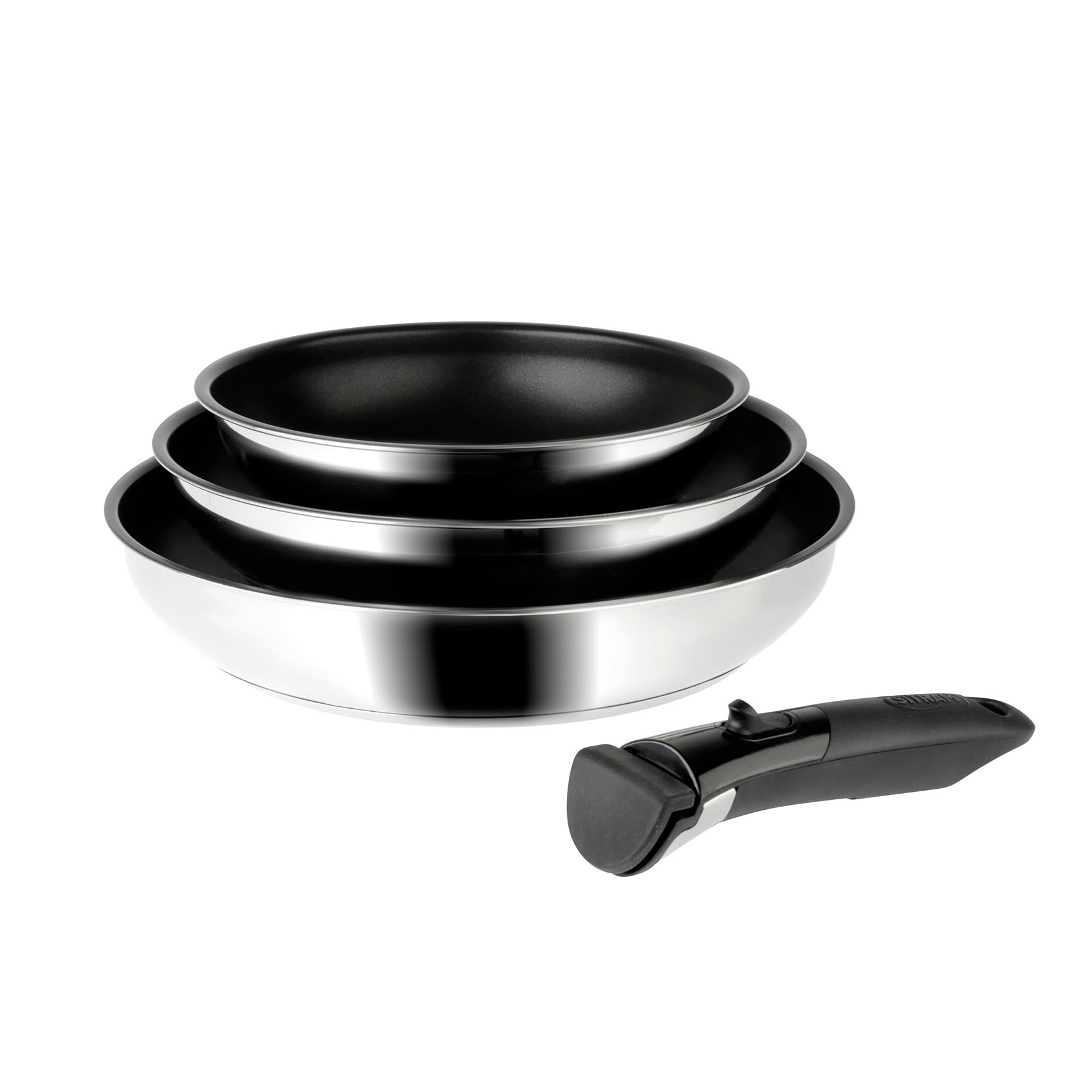 Image de Lot de 3 Poêles Inox Sitramovible ARPEGE Ø 20-24-28 cm - Revêtement intérieur noir sans PFOA - manche amovible SITRAMOVIBLE - Tous feux dont induction