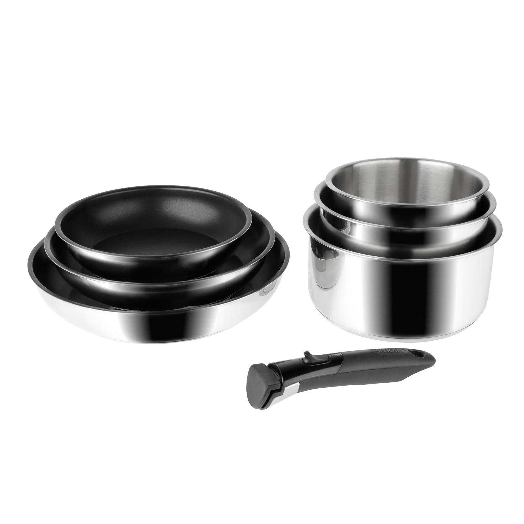 Image de Batterie cuisine de 7 pièces Sitramovible Arpège en inox : 3 Casseroles, 3 Poêles, 1 manche amovible - revêtement anti-adhérent sans PFOA - Tous feux DONT induction