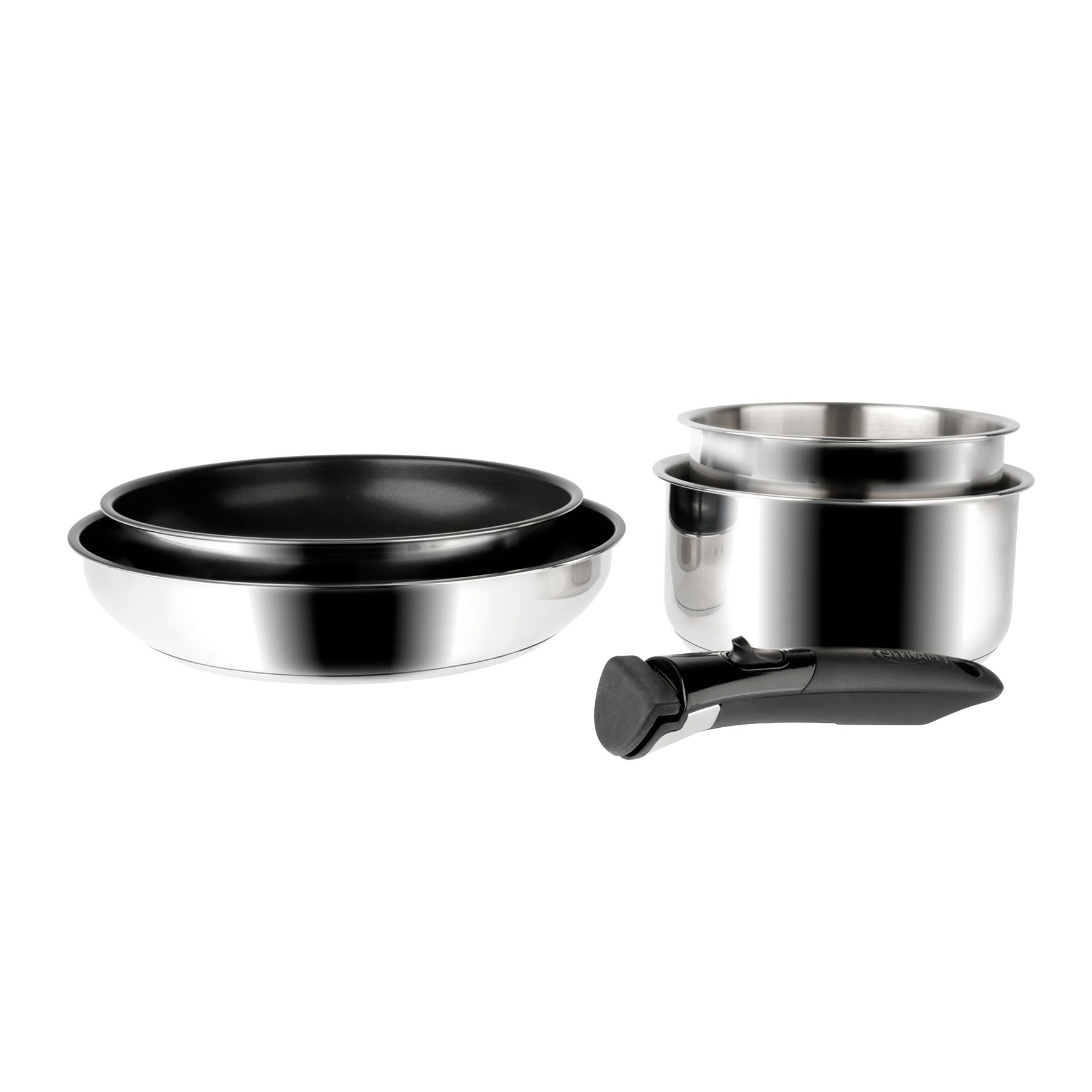 Image de Set de 5 pièces ARPEGE INOX : 2 poêles Ø24-28 revêtues, 2 casseroles Ø16-18 cm, 1 poignée Amovible