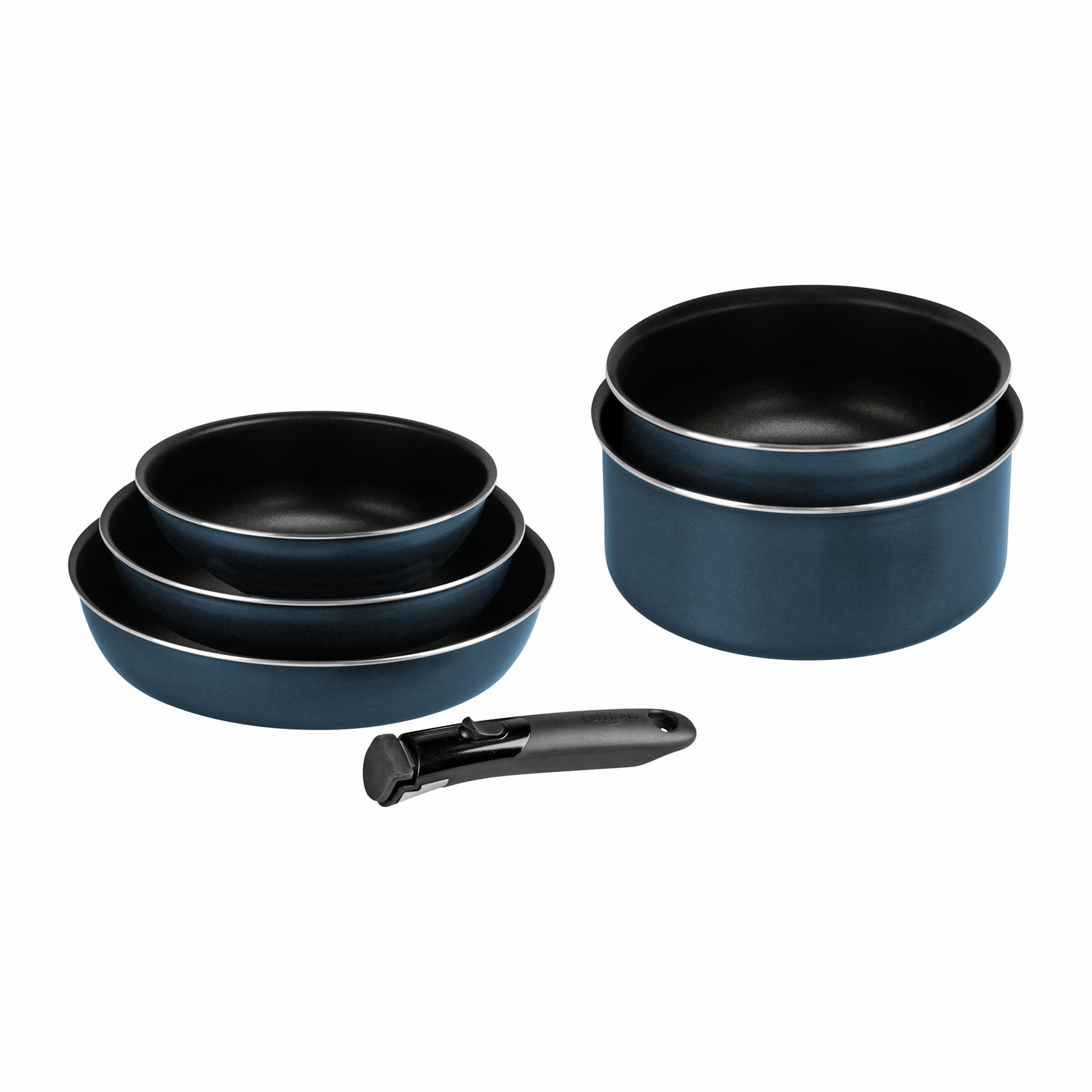 Image de Batterie de cuisine amovible, 6 pièces, 3 poêles et 2 casseroles + 1 manche amovible, aluminium pressé, revêtement extérieur bleu, revêtement intérieur anti-adhésif, compatible tous feux dont induction
