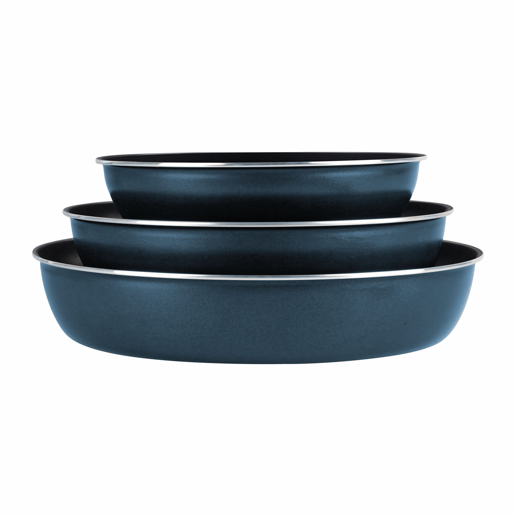 Image de Lot de 3 Poêles Aluminium pressé Ø 20/24/28 cm - Revêtement intérieur anti-adhésif 2 couches - Coloris Bleu métal mat - Manche amovible SITRAMOVIBLE - Tous feux dont induction