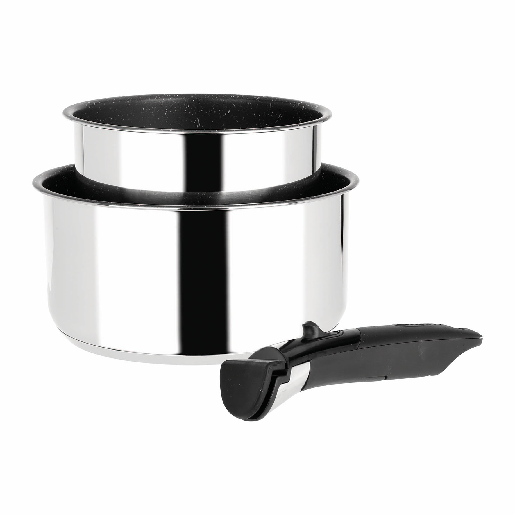 Image de Lot de 2 casseroles en inox + manche amovible , batterie de cuisine 3 pièces, revêtement intérieur anti-adhésif, compatible tous feux dont induction, 16 et 20 cm de diamètre