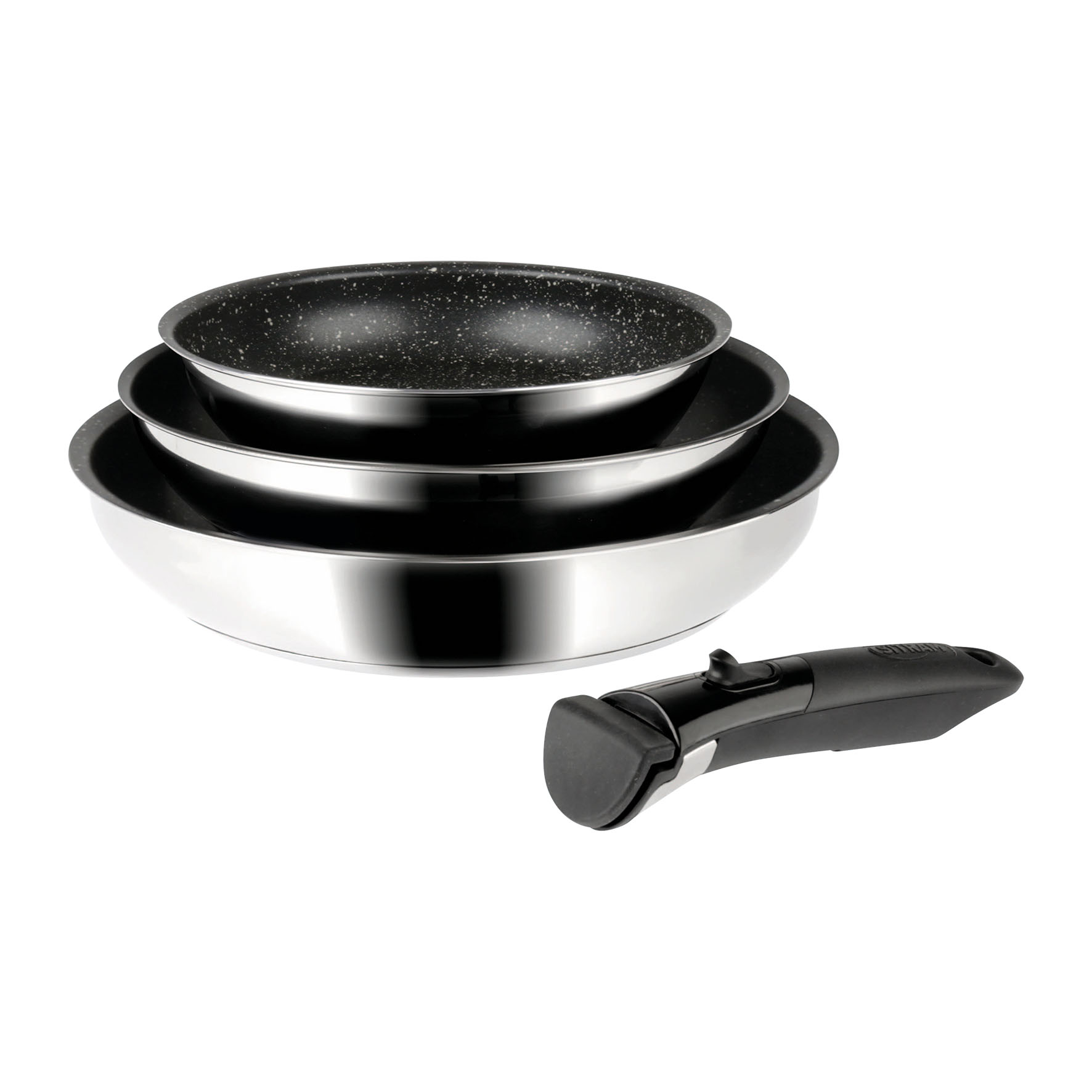 Image de Lot de 3 Poêles Inox Ø 20/24/28 cm Revêtement intérieur aspect Pierre anti-adhésif sans PFOA + manche amovible - Tous feux dont induction