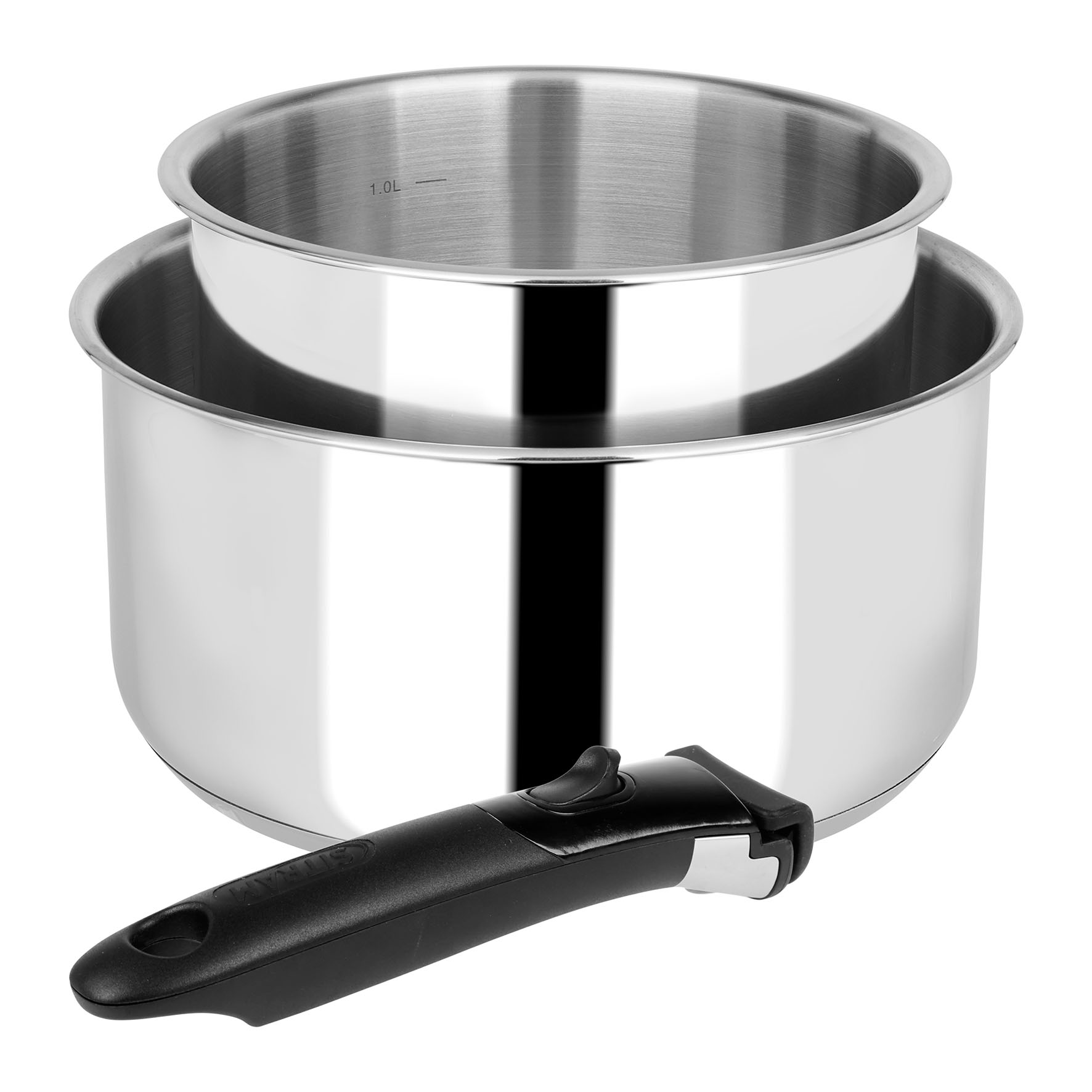 Image de Lot de 2 Casseroles Inox Ø 16-20 cm Gamme ARPEGE - Revêtement intérieur anti-adhésif sans PFOA + manche amovible - Tous feux dont induction