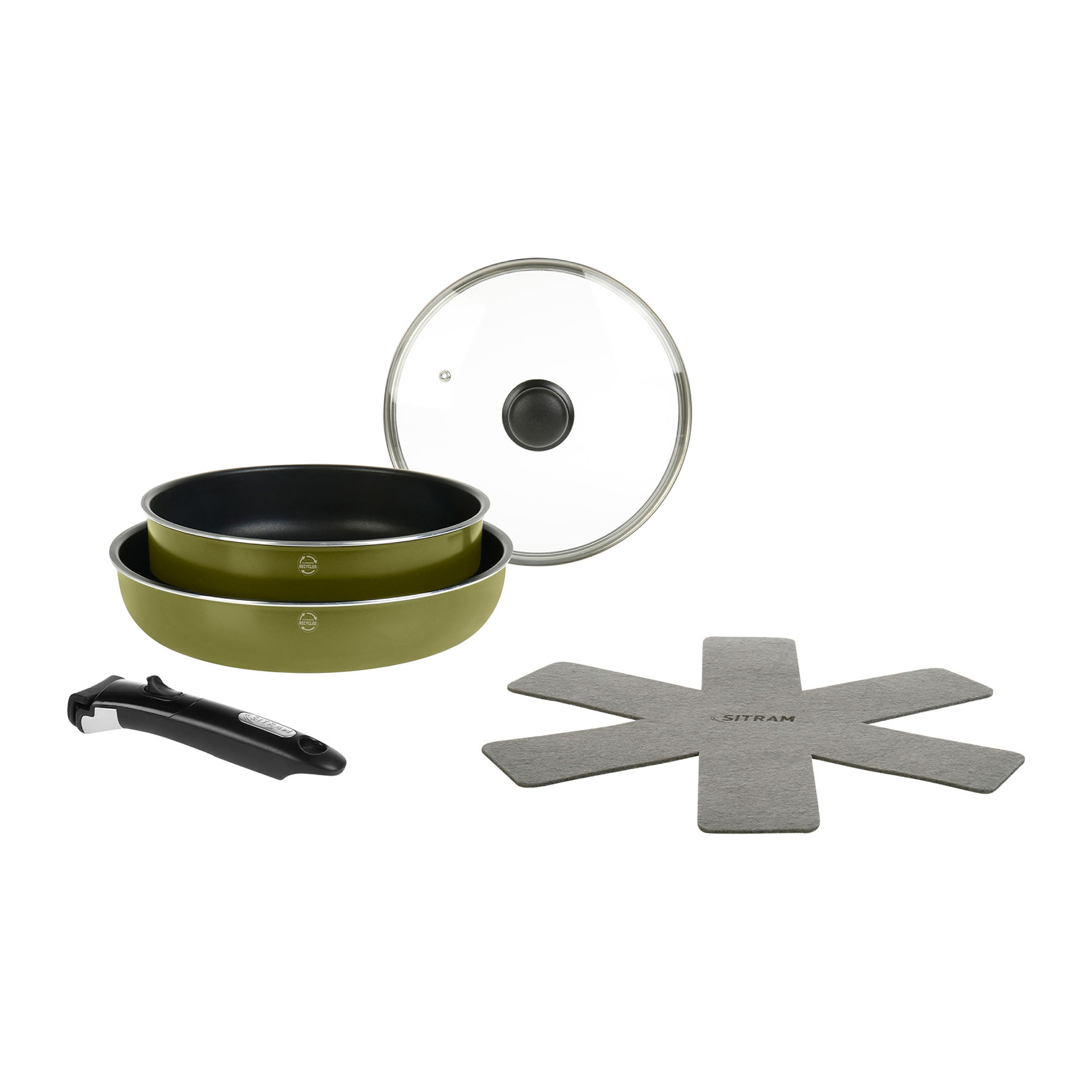 Image de Batterie de Cuisine Aluminium Recyclé : 1 sauteuse Ø 24 cm + couvercle en verre + 1 poêle Ø 28 cm Vert Metallisé + manche amovible + 1 feutrine - Tous feux dont induction