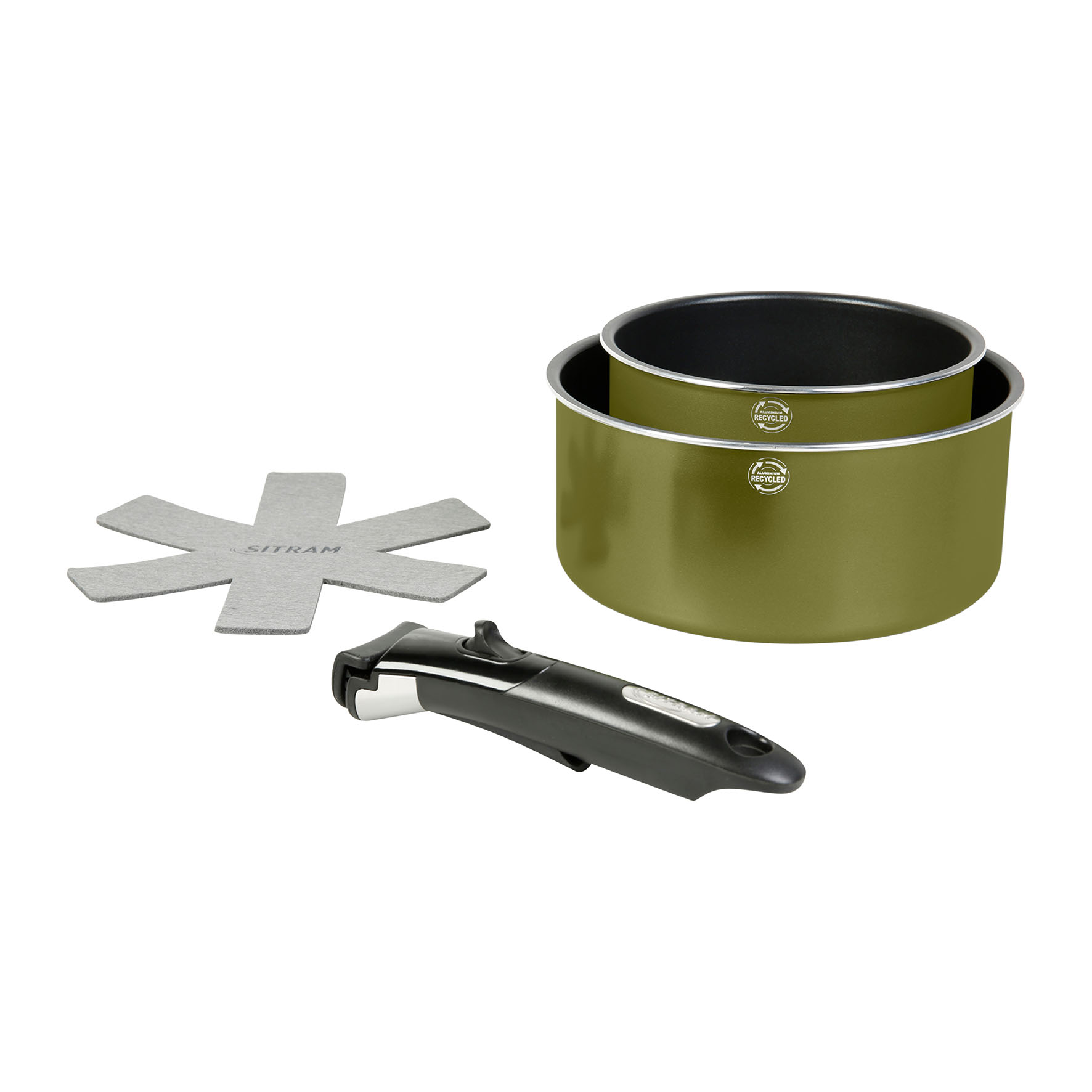 Image de Lot de 2 Casseroles Aluminium Recyclé Ø 16 et 20 cm colori Vert Metallisé Revêtement intérieur anti-adhésif sans PFOA + manche amovible + 1 feutrine - Tous feux dont induction