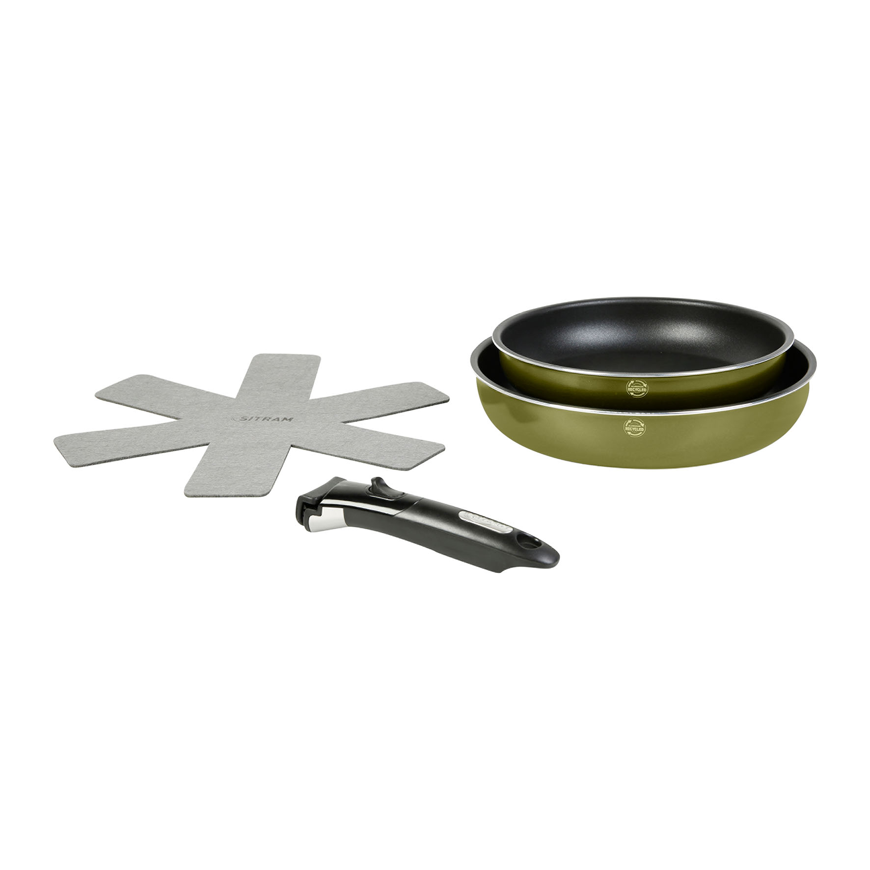 Image de Lot de 2 poêles Aluminium Recyclé Ø 24 et 28 cm colori Vert Metallisé Revêtement intérieur anti-adhésif sans PFOA + manche amovible + 1 feutrine - Tous feux dont induction