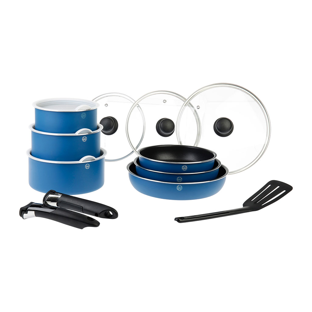 Image de Batterie de Cuisine Aluminium Recyclé 15 Pièces : 3 Poêles Ø20,22,26 cm + 3 Casseroles Ø 16,18,20 cm + 3 Couvercles Verre Ø 20,22,26 cm + 2 manches amovibles + 1 Spatule Plastique