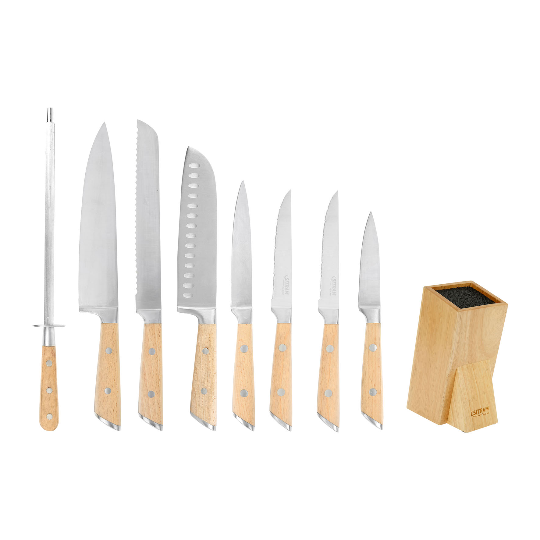 Image de Ensemble de 8 couteaux de cuisine Manches rivetés en bois de Hêtre FSC+ bloc en hevea FSC : dont Santoku, Couteau Chef, Couteau à pain, Couteau d'office, etc.