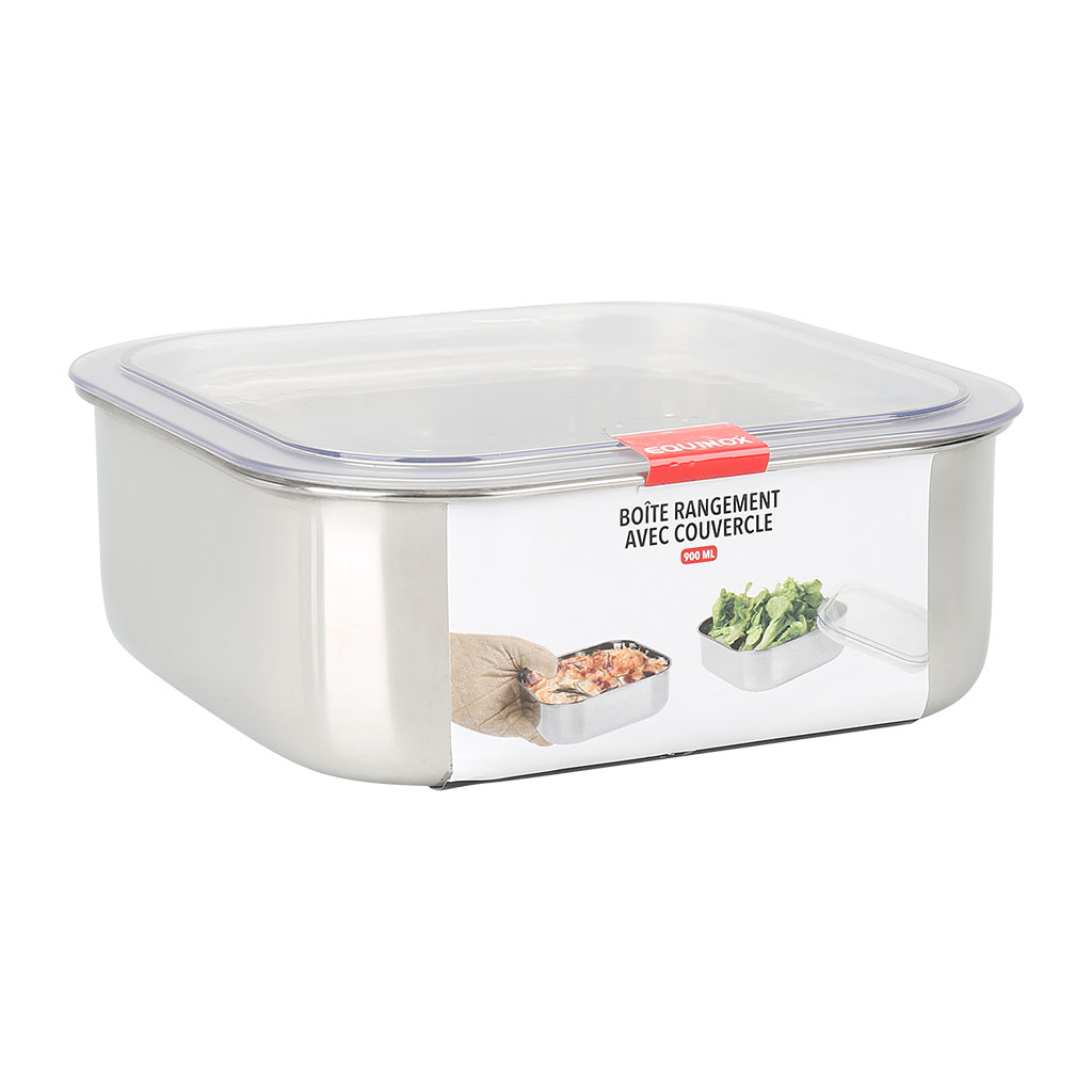 Image de Boîte de conservation carrée en Inox 900 ml L16,5 cm x l16,5 cm x H.6 cm + couvercle plastique