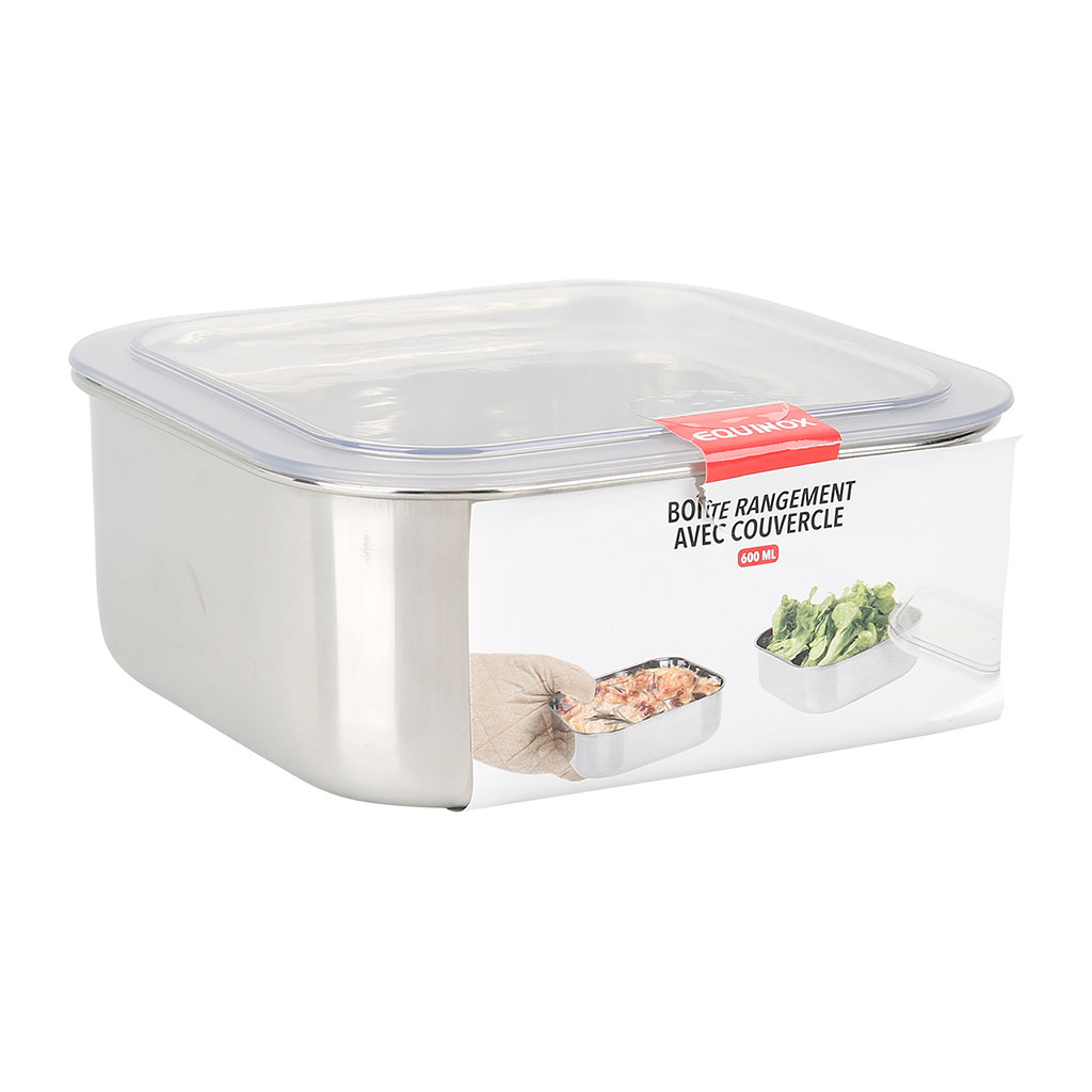 Image de Boîte de conservation carrée en Inox 600 ml L13,5 cm x l13,5 cm x H.6 cm + couvercle plastique