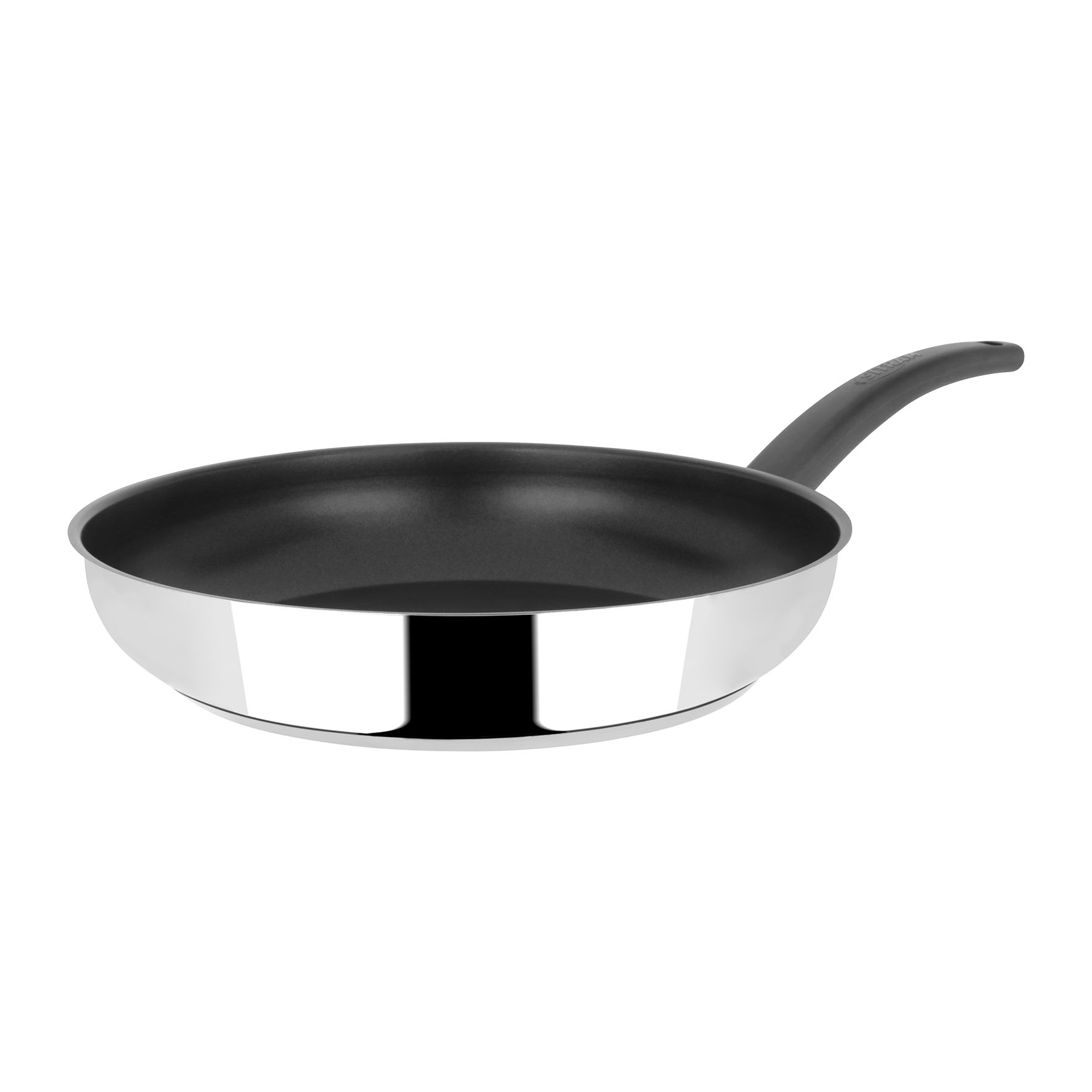 Image de Poêle en Inox brillant ARPEGE Ø 30 cm H 6 cm - Revêtement intérieur anti-adhésif sans PFOA - manche thermorésistant Noir - Tous feux dont induction