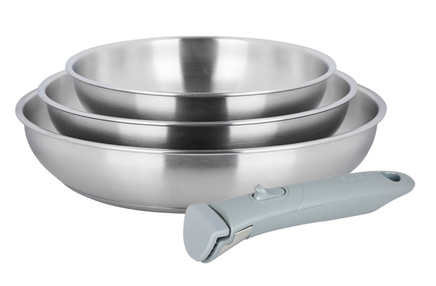 Image de Lot de 3 Poêles en Acier Inoxydable ARPEGE Ø 20,24,28 cm Extérieur Miroir - Cuisine saine car Sans Revêtement Anti-adhésif nocif - manche amovible SITRAMOVIBLE - Tous feux dont Induction