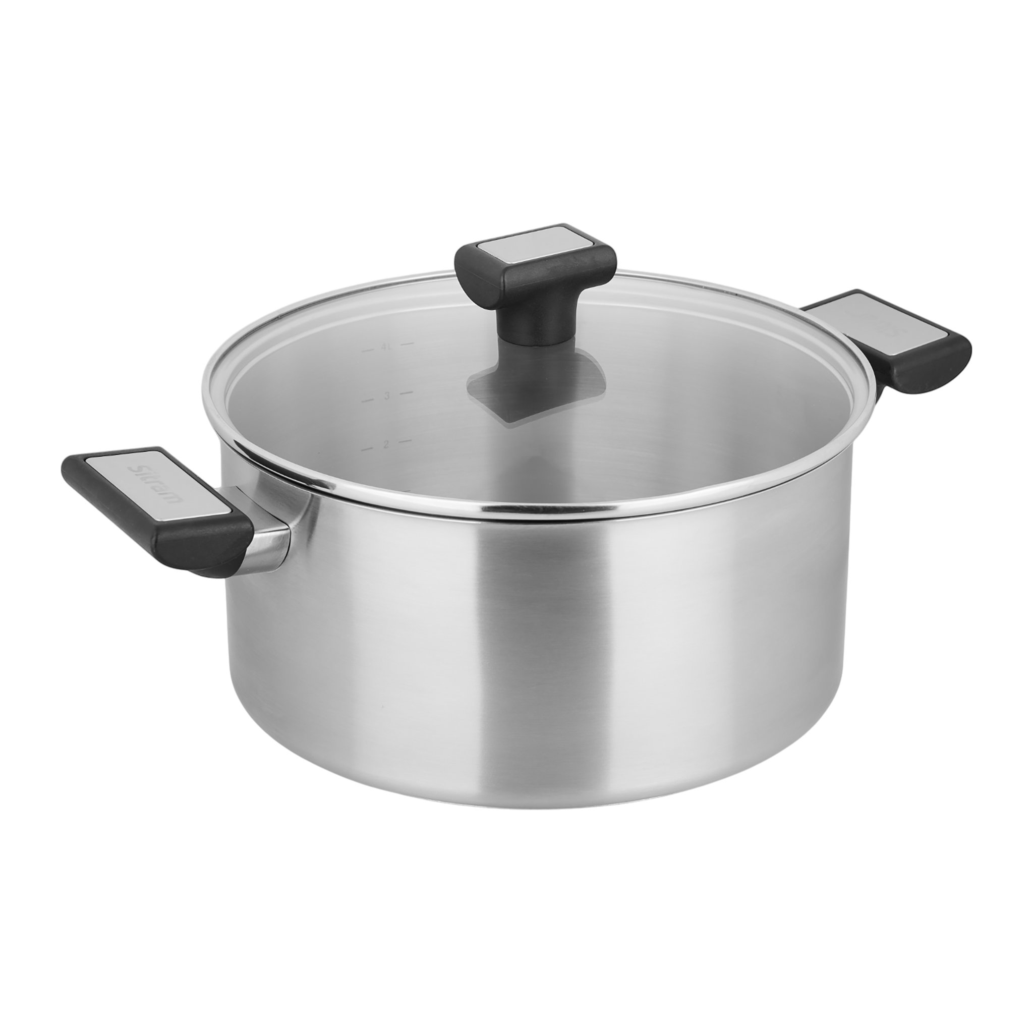 Image de Faitout Inox recyclé Ø 24 cm H 5 cm Avec poignées en bakélite avec insert en inox Avec couvercle vapeur en verre Avec marquage des litrages et logo recyclé Epaisseur fond 5.1 mm Tous feux dont induction