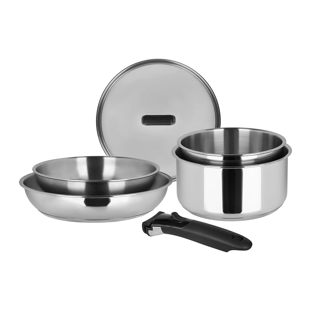 Image de Batterie Cuisine 6 pcs 100% Inox : 1 manche amovible, 2 casseroles Ø18,20 cm, 2 poêles Ø20,24 cm, 1 couvercle verre Ø20 cm - Tous feux dont induction - Cuisine Saine Garantie