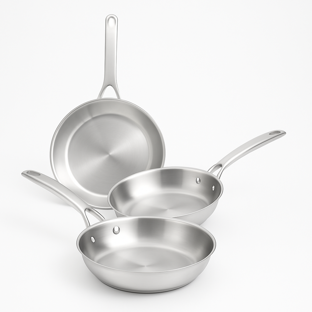 Image de Lot 3 Poêles Charleston Inox Pro Ø20/24/28 cm – Sans PFAS / PFOA / PTFE Cuisine 100% Saine – Fond Triply Diffusion Parfaite –  Manches Rivetés – Tous Feux Induction