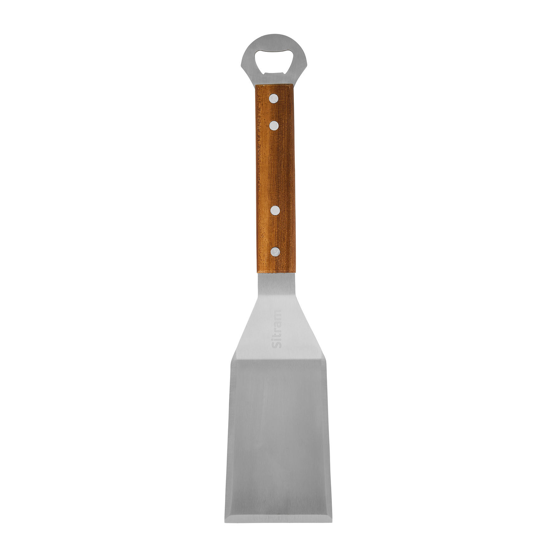Image de SPATULE A BURGER en ACIER INOXYDABLE - MANCHE EN ACACIA AVEC DECAPSULEUR intégré L 33 CM