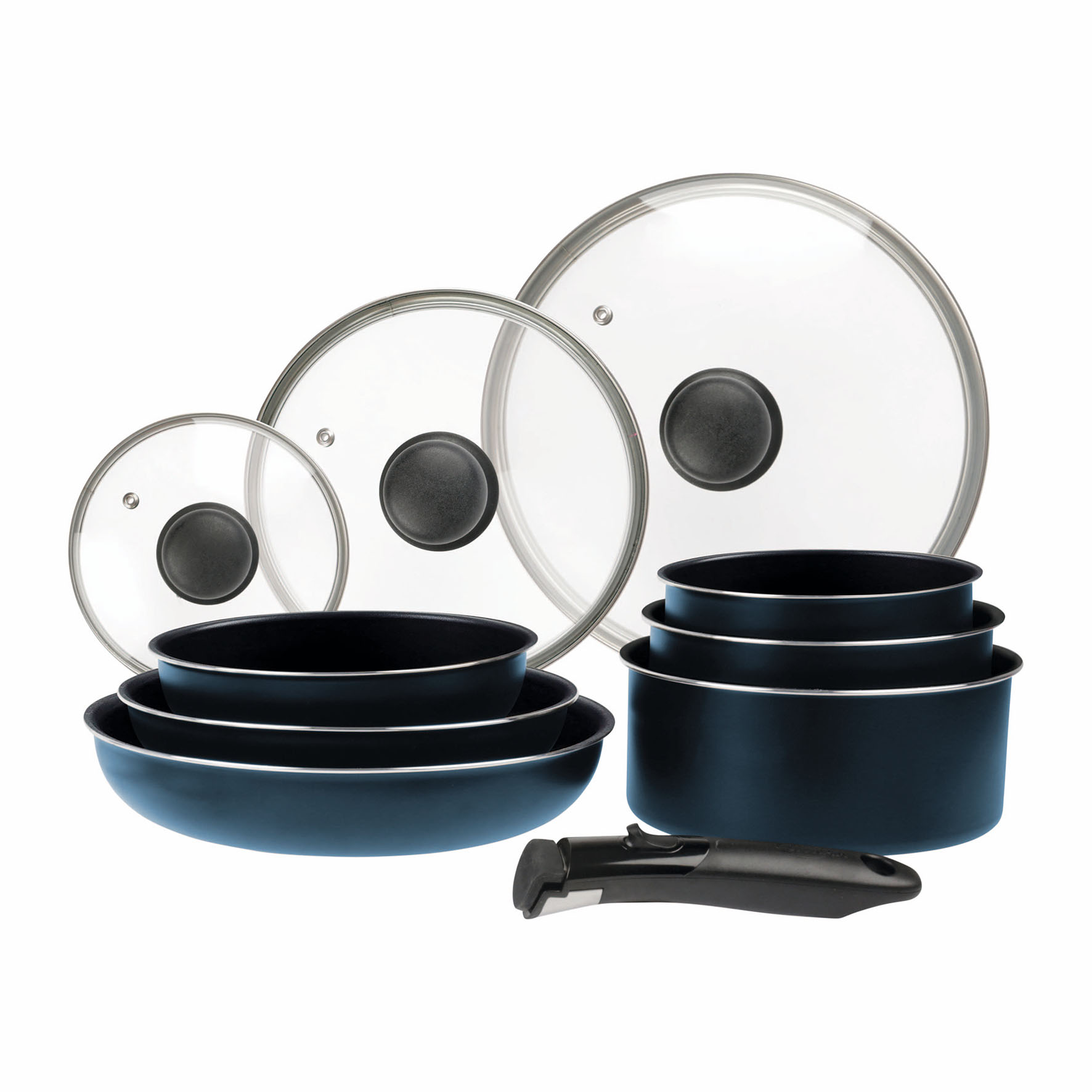 Image de Batterie de cuisine 10 pcs Aluminium bleu métal mat : manche amovible, 3 Poêles Ø20,24,28 cm, 3 Casseroles Ø16,18,20 cm, 3 Couvercles Verre Ø16,20,24 cm, tous feux dont induction