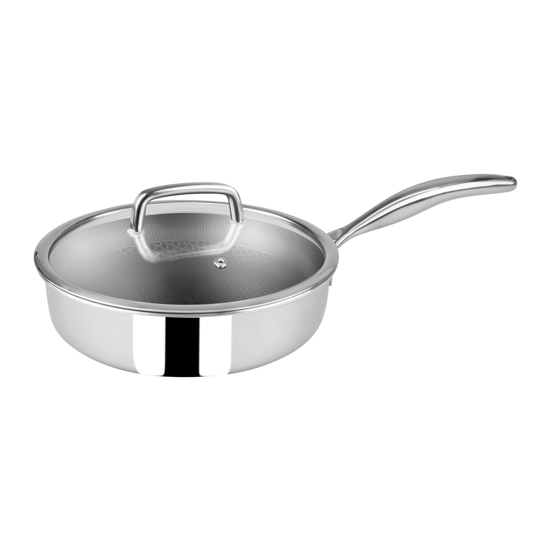 Image de Sauteuse en Acier Inoxydable Triply Ø24, H6,5 cm - Revêtement Nid d'Abeille Anti-Adhésif et Anti-rayures, sans PFOA - Couvercle Verre - Tous Feux dont Induction