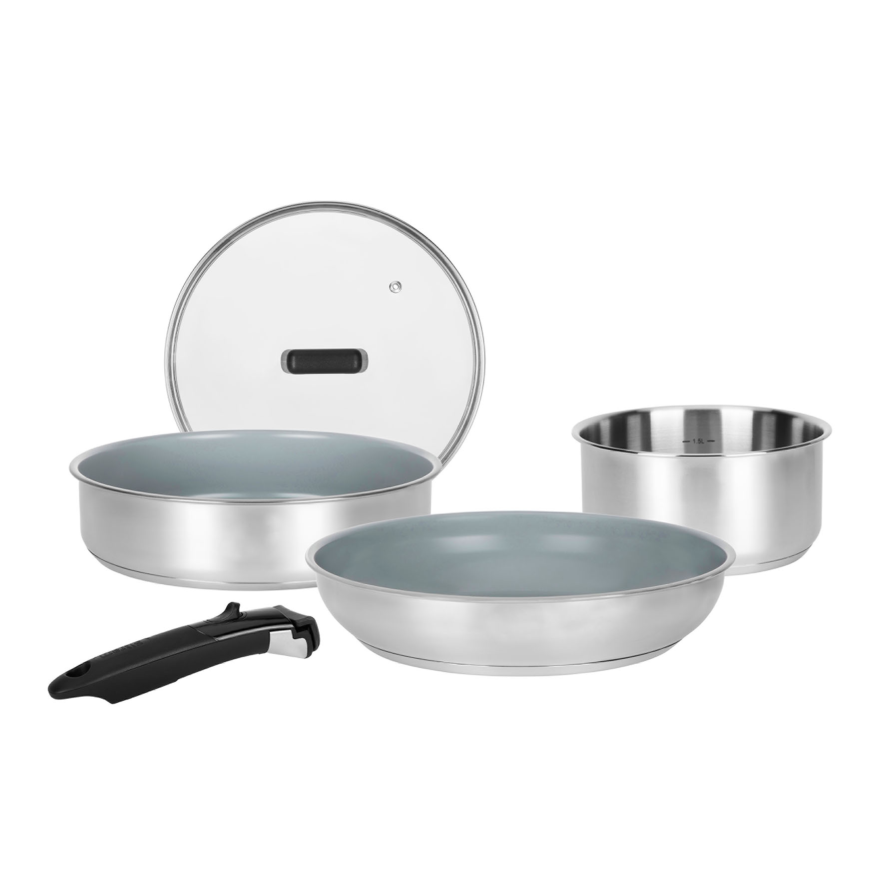 Image de Batterie de Cuisine inox 5 pcs : 1 manche amovible, 1 casserole Ø18cm, 1 Poêle Ø28cm, 1 Sauteuse Ø24cm, 1 Couv verre - Revêtement Antiadhésif Sain en Céramique - Tous feux dont induction