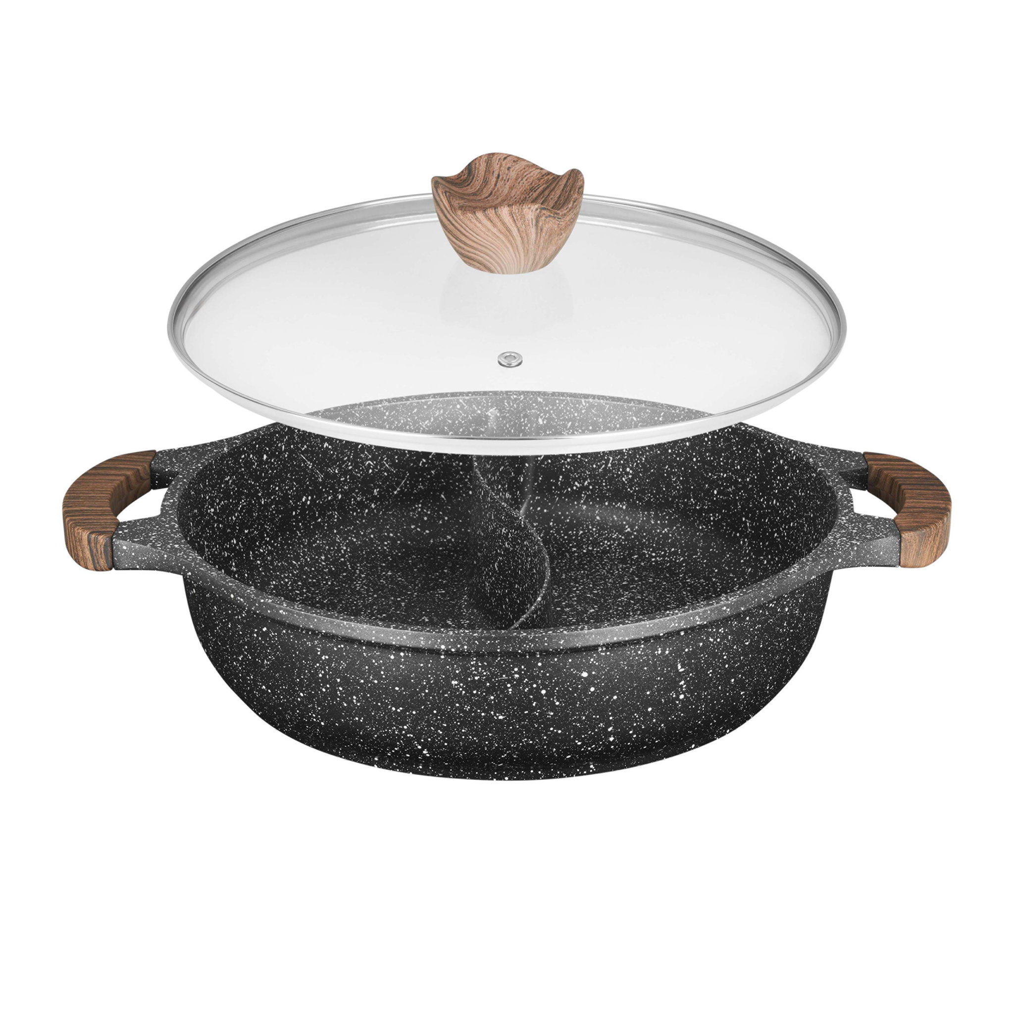 Image de Sauteuse 2 compartiments Ø28 x7.5cm en fonte d'aluminium - Revêtement anti-adhérent sans PFOA effet Pierre - marmite Shabu avec couvercle verre - Tous feux dont induction