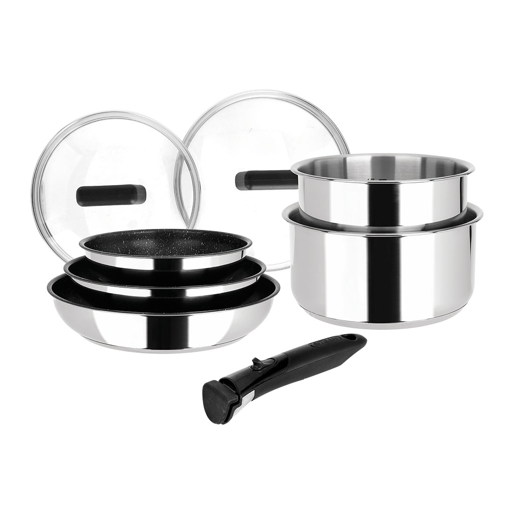 Image de Batterie de cuisine Inox 8 Pièces : 3 Poêles Ø20,24,28 cm + 2 Casseroles Ø16,18 cm + 2 Couvercles Verre Ø16,18 cm + manche amovible, Tous feux dont induction