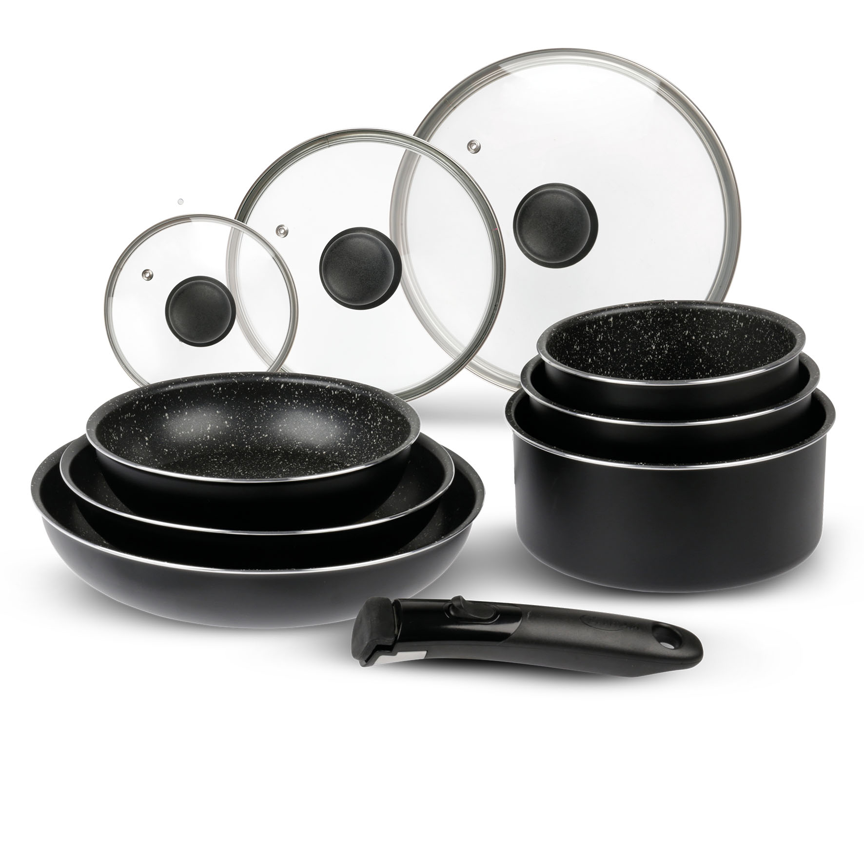 Image de Batterie de Cuisine Aluminium 10 Pièces : 3 Poêles Ø20,24,28 cm + 3 Casseroles Ø16,18,20 cm + 3 Couvercles Verre Ø16,20,24 cm + manche amovible, Tous feux dont induction