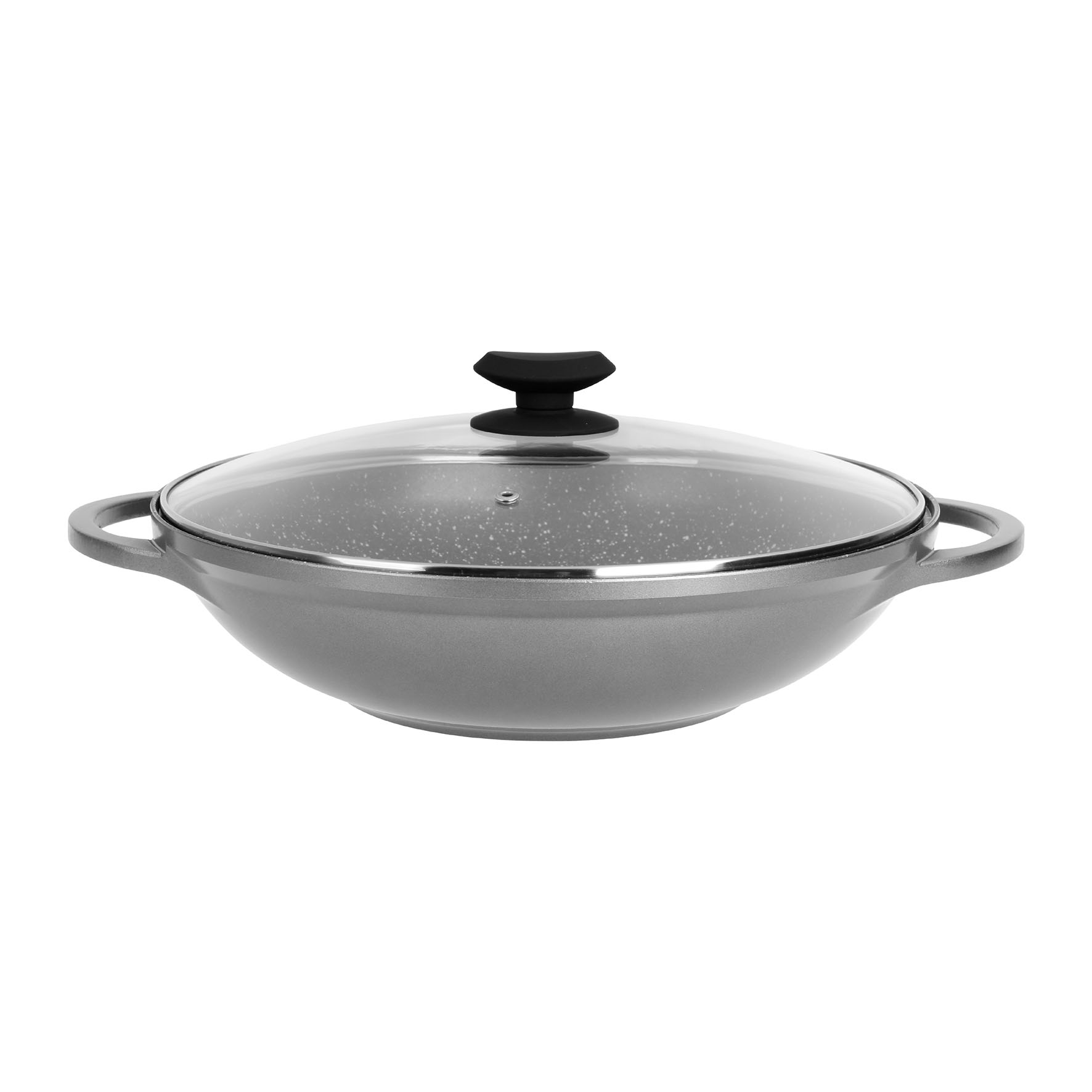 Image de Wok Fonte Aluminium Intérieur effet Pierre Ø 32cm H8 cm - Revêtement anti-adhésif 2 couches sans PFOA, Couvercle Vapeur Verre, Poignées Fonte d'Aluminium - Tous feux dont induction