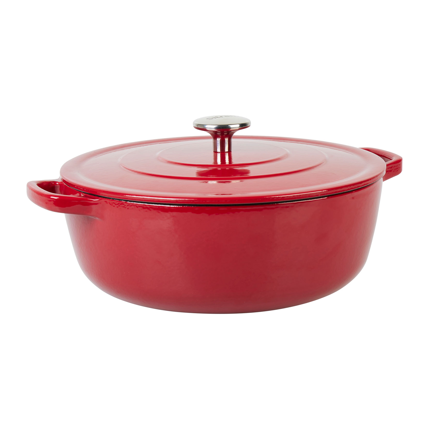 Image de Cocotte ronde en fonte émaillée 5,2 litres Ø 28 cm H 10.5 cm - Extérieur Rouge Rubis intérieur Noir - toutes sources de chaleur y compris induction et four - Ideal repas 4 à 5 convives