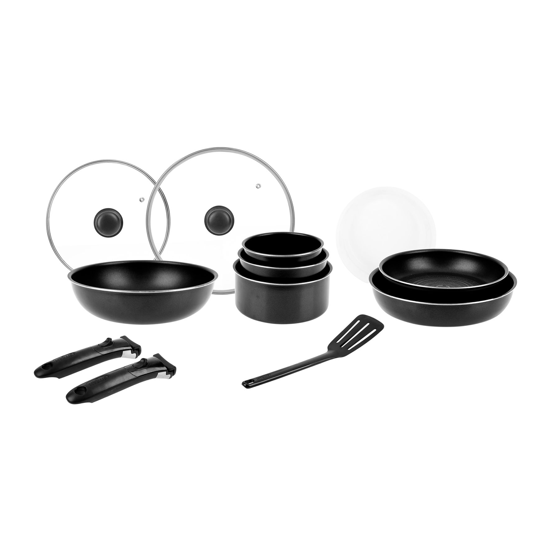 Image de Batterie de cuisine 14 pcs Alu noir : 2 manches amov. 1 Wok Ø28cm 2 Poêles Ø24,28 3 Casseroles Ø16,18,20 2 Couv. Verre Ø24,28 3 couv. plastic Ø16,18,20 1 spatule tous feux dont induction