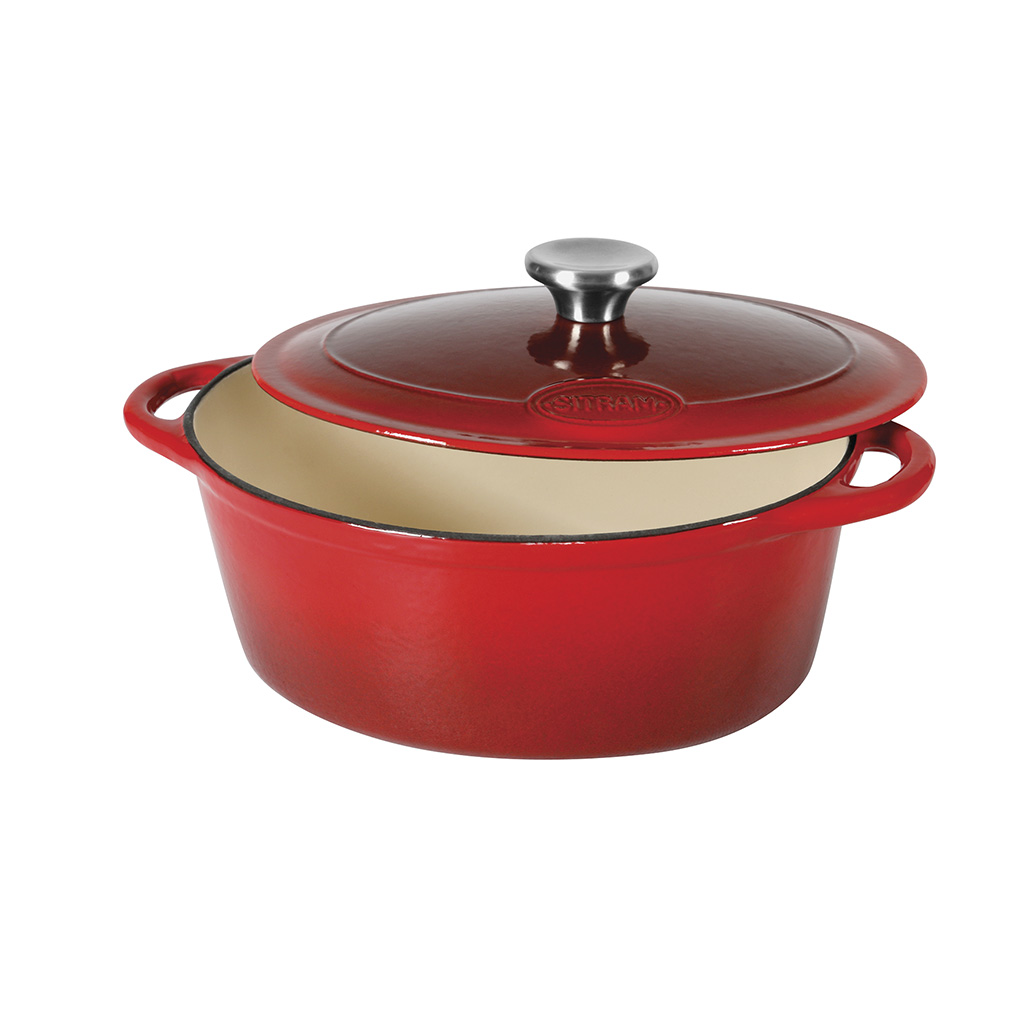 Image de Cocotte ovale en fonte d'acier émaillée Tradifonte 9 Litres / L 36 cm - Extérieur rouge, intérieur blanc - bouchon en inox - toutes sources de chaleur y compris induction et four