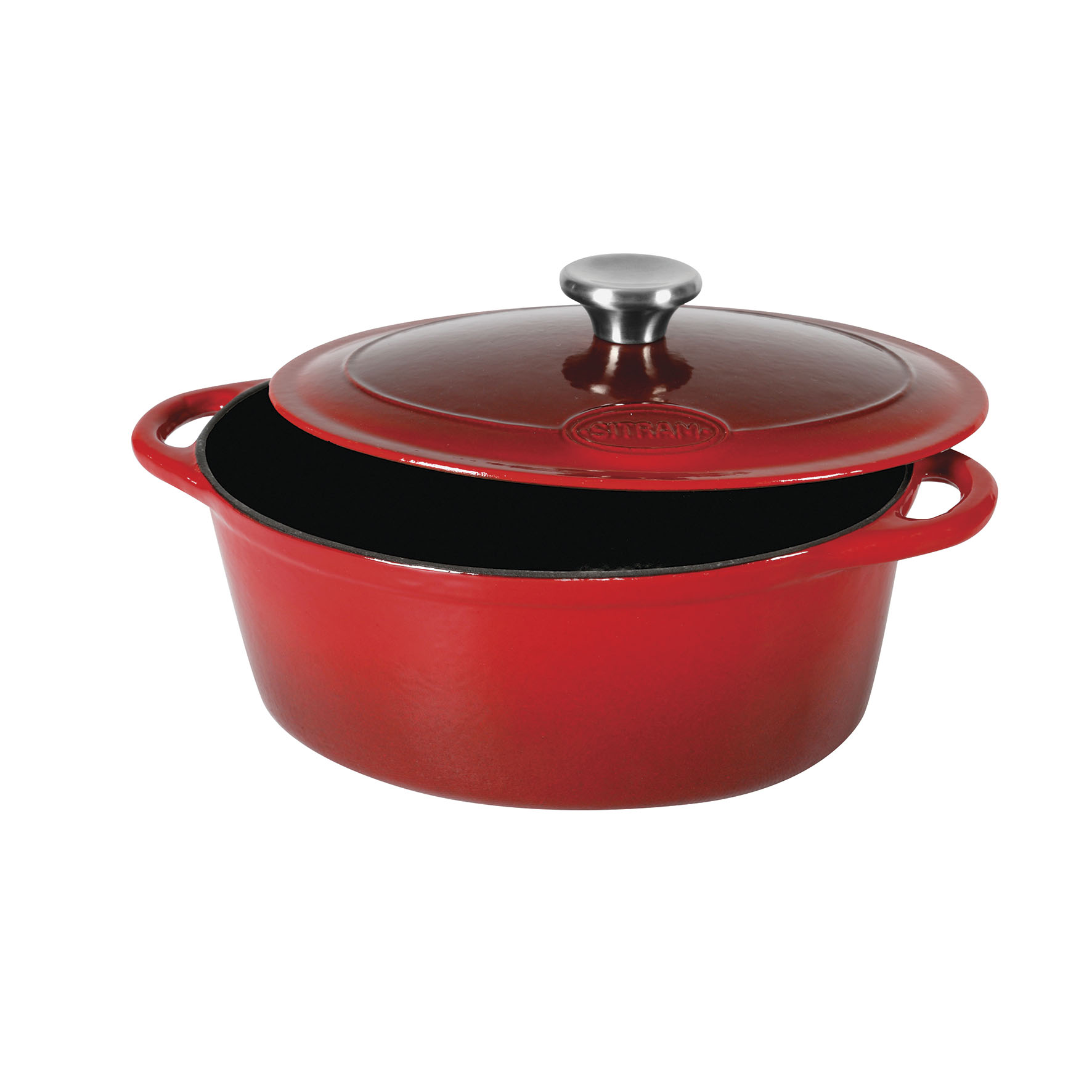 Image de Cocotte TRADIFONTE ovale en fonte d'acier émaillée, 9 Litres / 36 cm - intérieur noir extérieur rouge, tous feux y compris l'induction