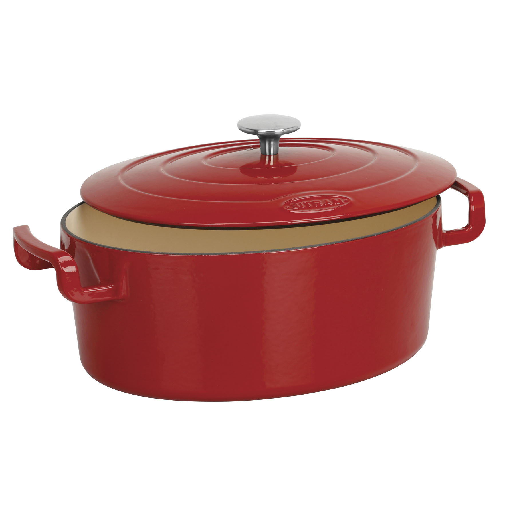 Image de COCOTTE Sitrabella ovale en fonte émaillée grande capacité 6,5 litres - Extérieur rouge et intérieur blanc - toutes sources de chaleur y compris induction et four