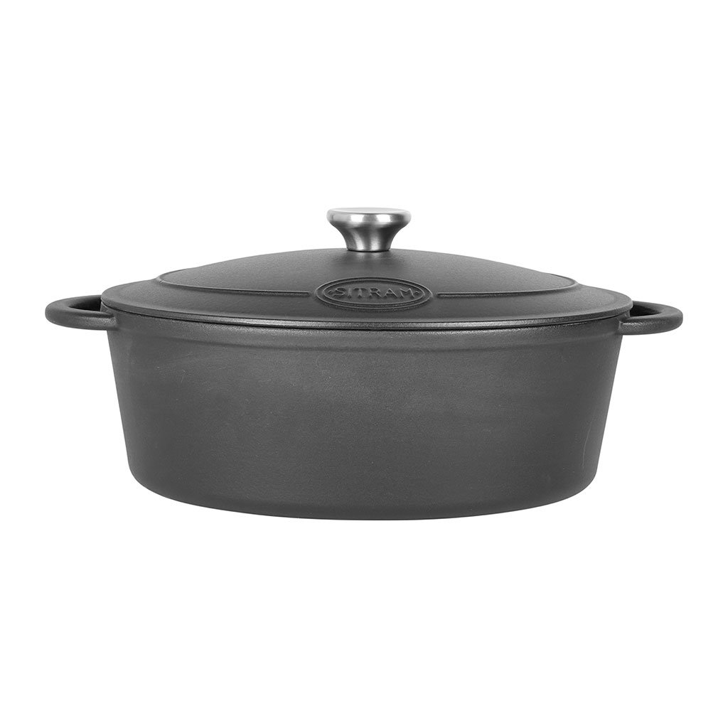 Image de COCOTTE TRADIFONTE Ovale en fonte émaillée 6,5 litres - Extérieur Noir et intérieur Blanc - toutes sources de chaleur y compris induction - Idéale pour repas de 6 à 8 personnes