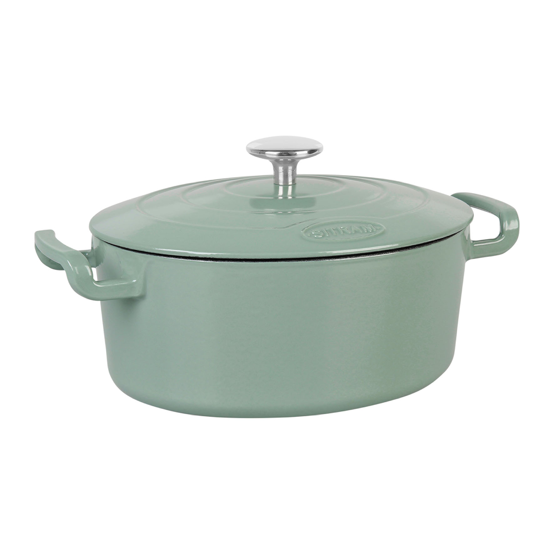 Image de COCOTTE Sitrabella Ovale en fonte émaillée L26 cm - 4 litres - Extérieur émail Vert Sauge intérieur Blanc - toutes sources de chaleur y compris induction - Idéale repas 4-5 convives