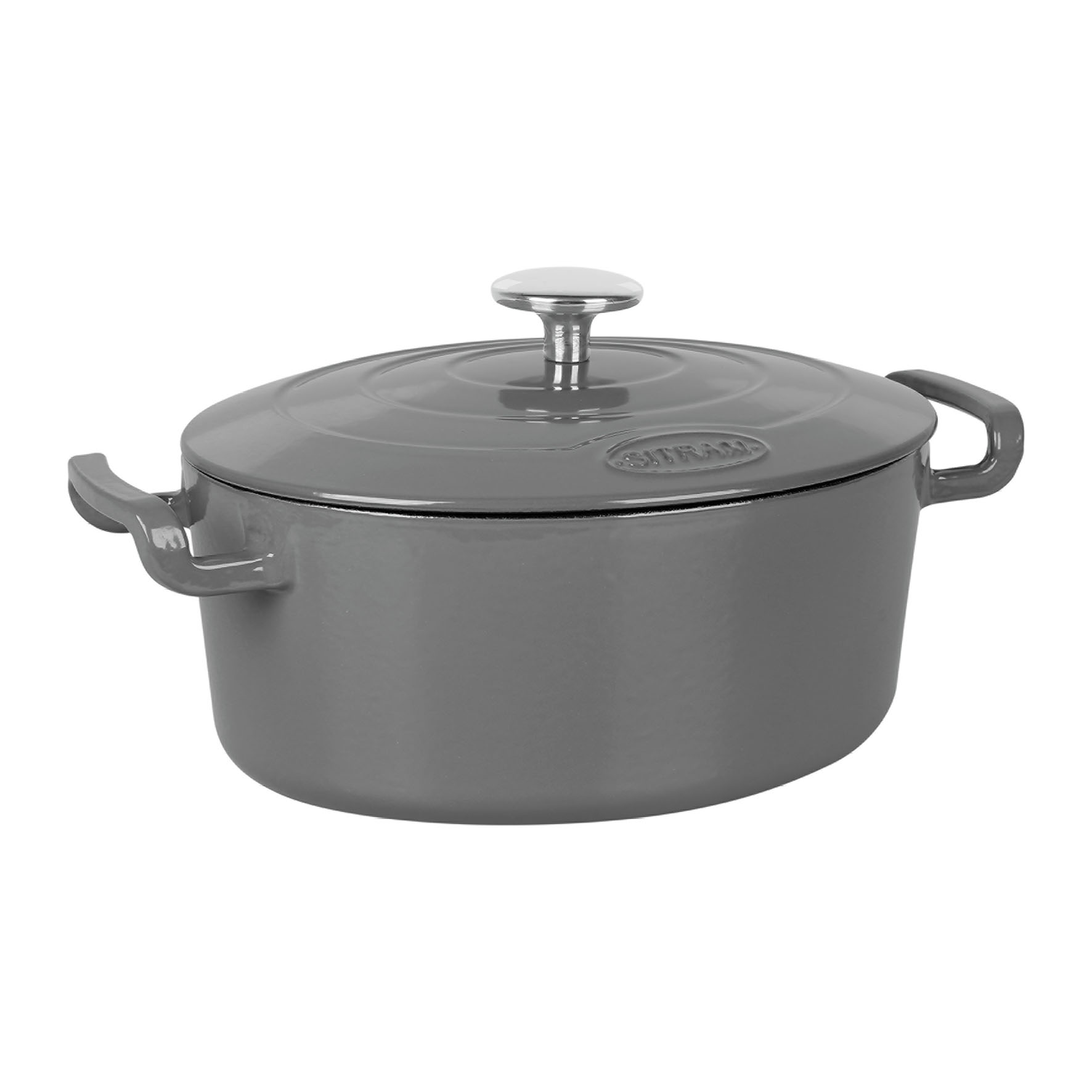 Image de COCOTTE Sitrabella Ovale en fonte émaillée L26 cm - 4 litres - Extérieur émail Gris intérieur Blanc - toutes sources de chaleur y compris induction - Idéale repas de 4-5 convives