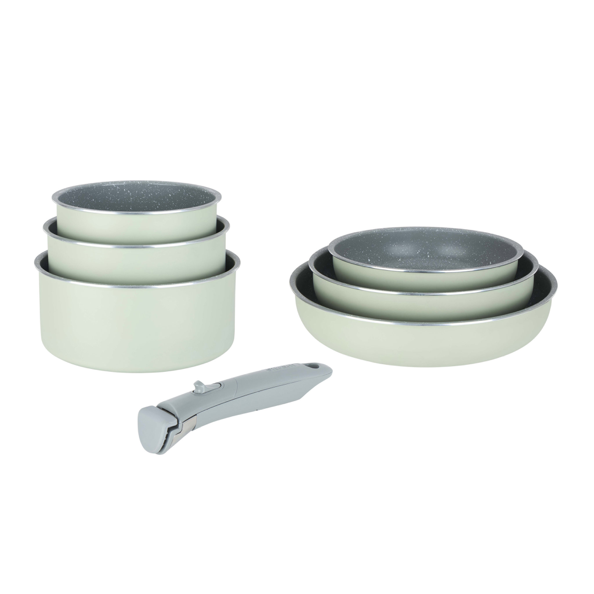 Image de Batterie de Cuisine Aluminium Revêtement Sain en Céramique effet pierre, Coloris vert - 7 Pièces : 3 Poêles Ø20,24,28 cm + 3 Casseroles Ø16,18,20 cm + manche amovible, Tous feux dont induction