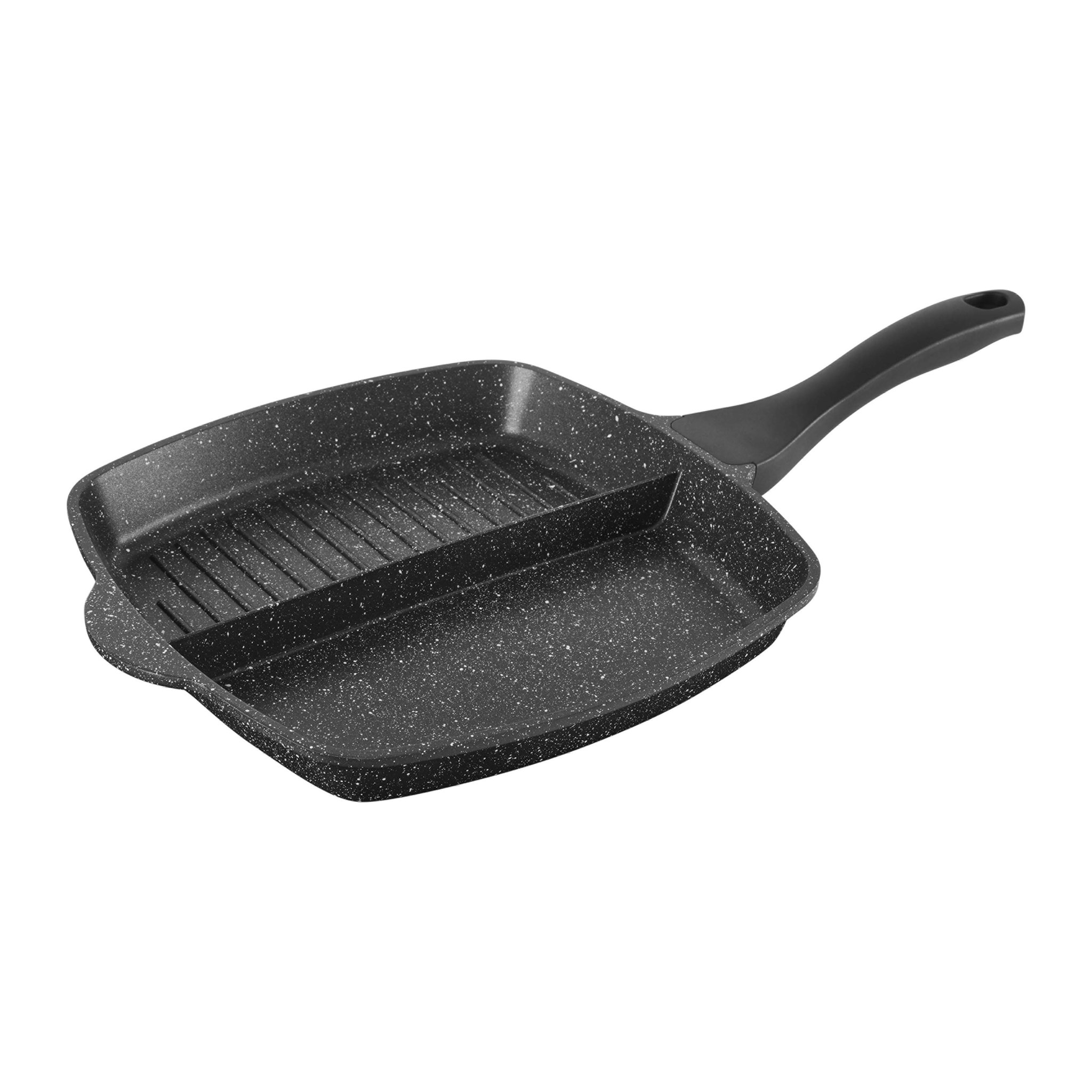 Image de Poêle 2 sections 26x26cm pour frire et griller en même temps - Fonte d'aluminium noir - Poêle Antiadhésive Compartimentée - manche bakelite thermorésistant - tous feux + induction